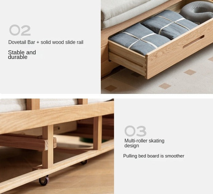 Solid Oak Wood Sofa Bed with Folding & Retractable Storage | Convertible Sleeper for Small Spaces, Guest Rooms & Apartments
