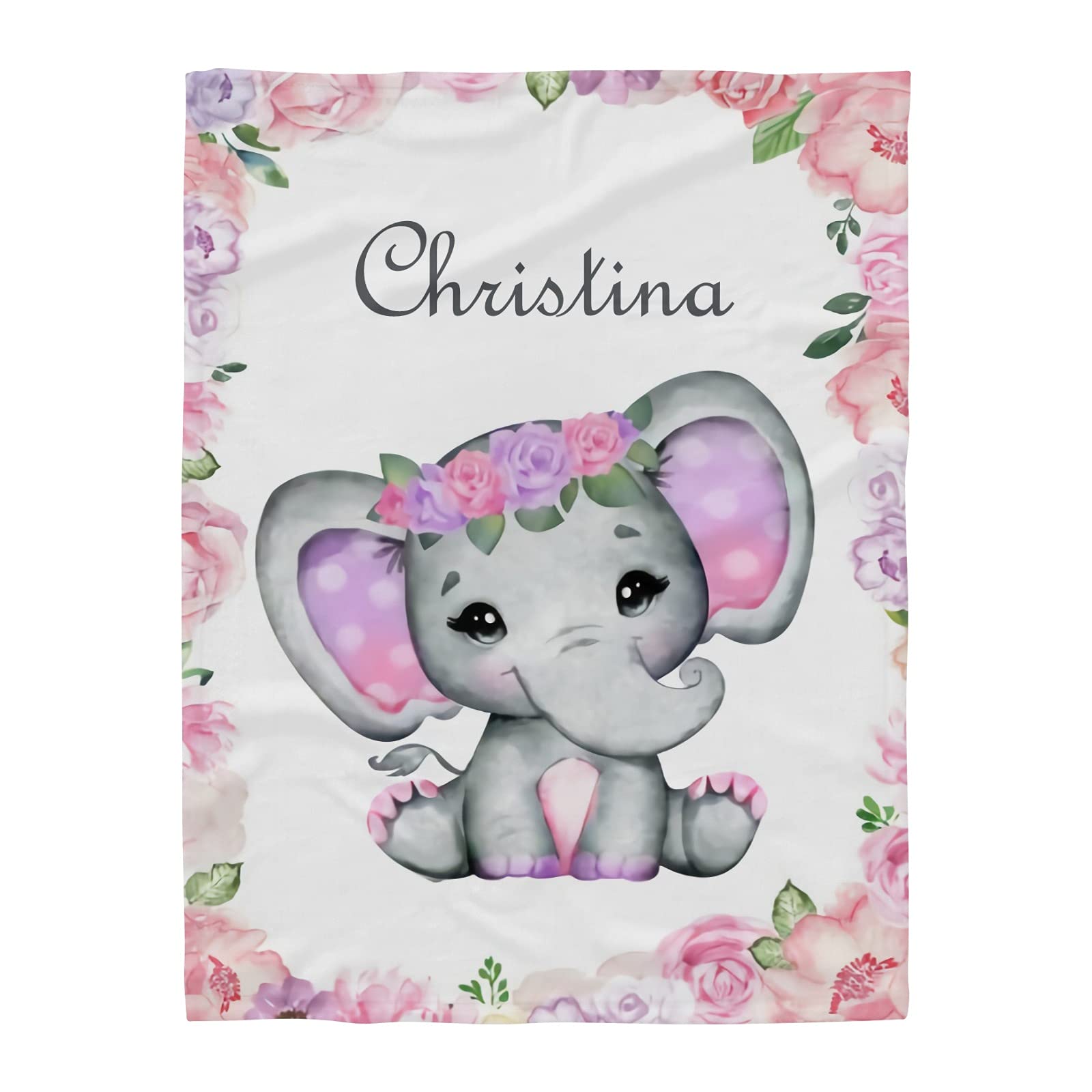 Personalized Watercolor Elephant Baby Blanket - Pink Fleece Nursery Throw with Custom Name - 30