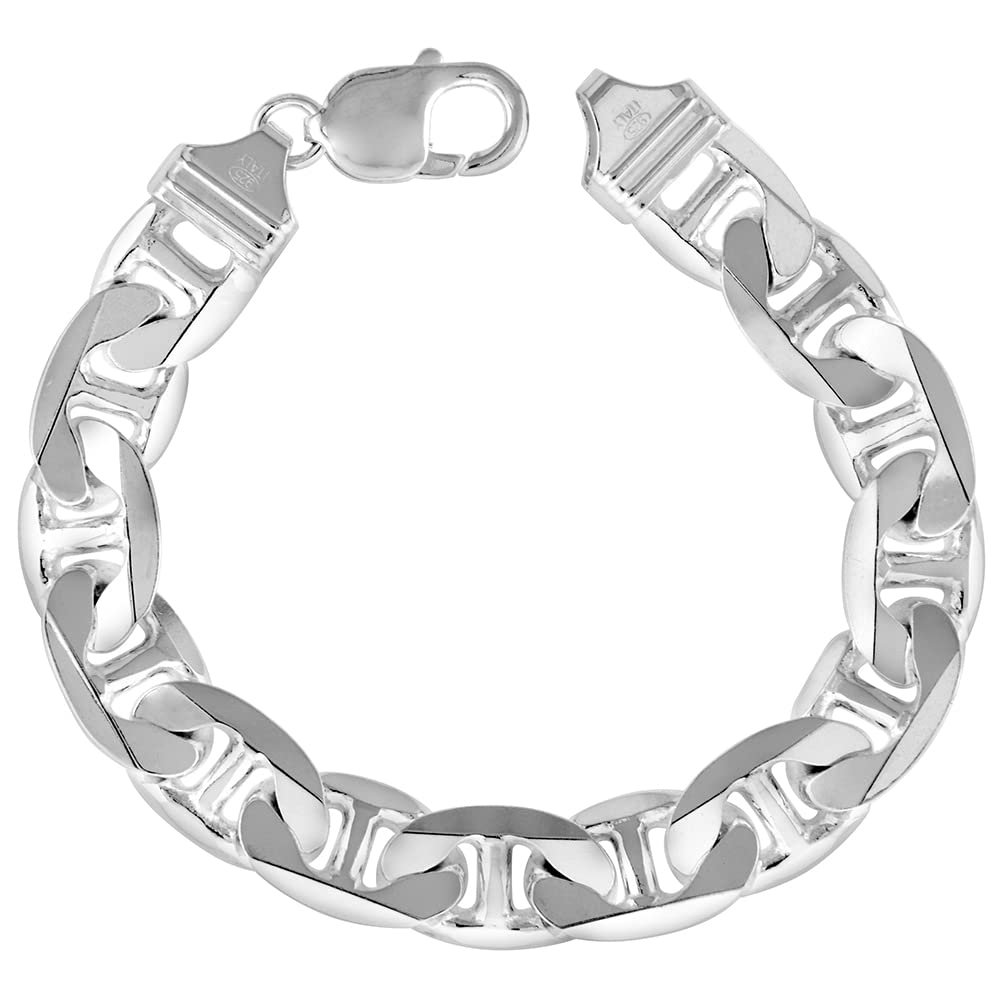 10.5mm Sterling Silver Flat Mariner Chain Necklace & Bracelet Set for Men - 8 to 30 Inch Adjustable Length - Perfect for Casual Wear, Gifts, and Special Occasions