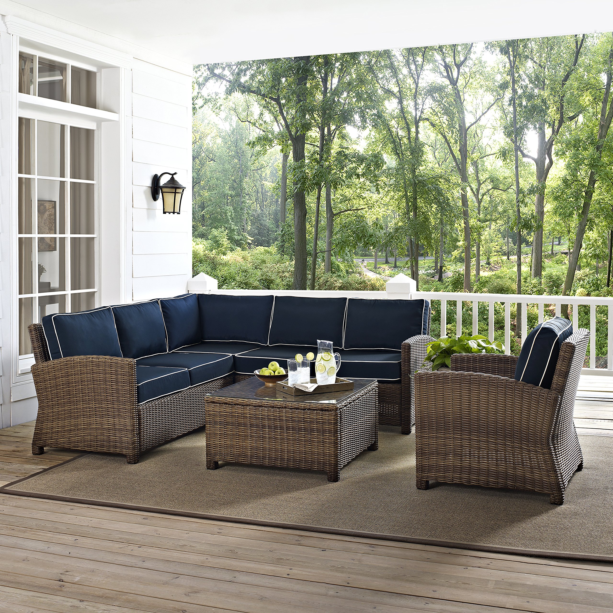 Crosley Furniture Bradenton 5-Piece Outdoor Sectional Sofa Set - All-Weather Wicker Patio Furniture with Navy Cushions for Deck, Garden & Backyard Relaxation