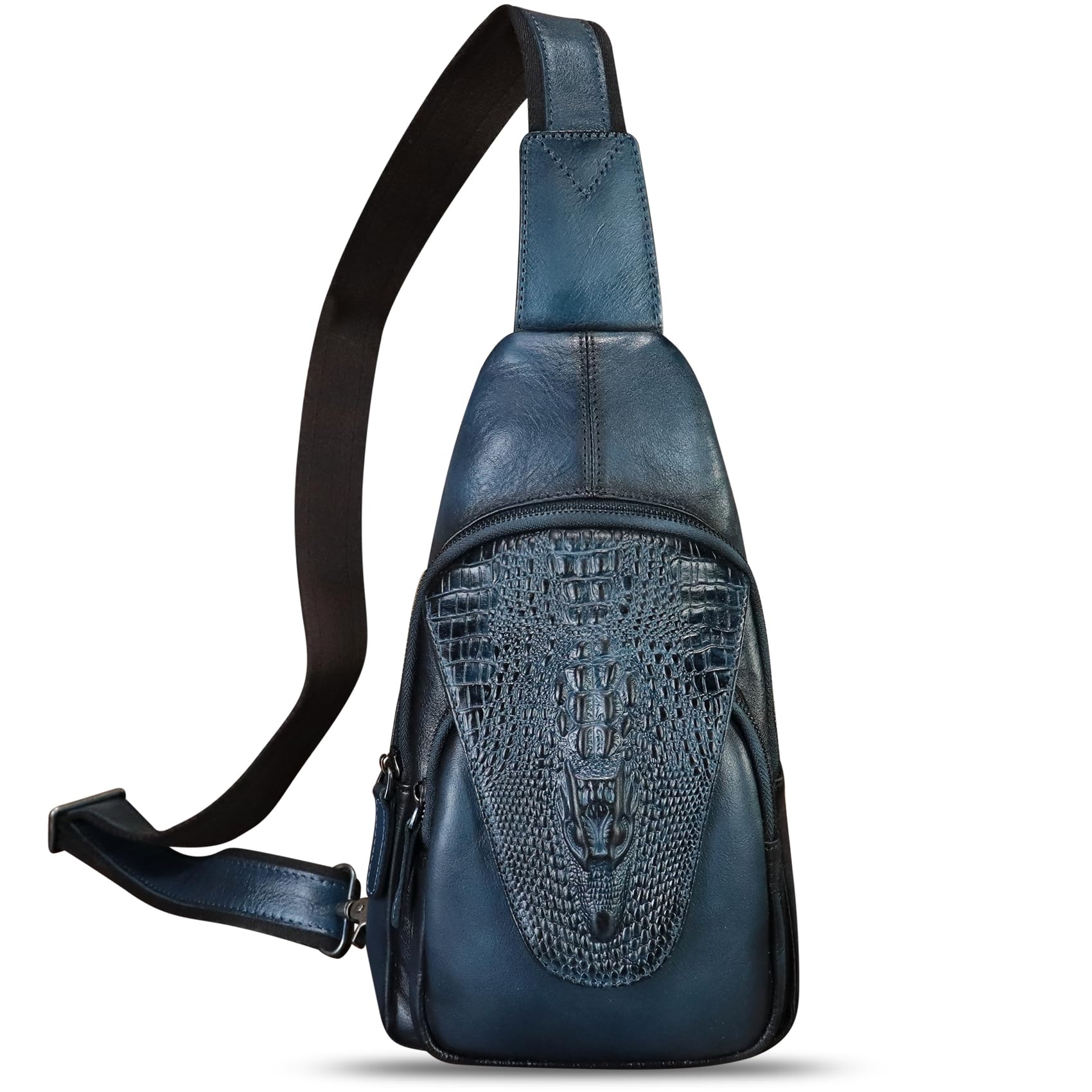 Genuine Leather Sling Bag for Men & Women - Embossed Crocodile Pattern Crossbody Backpack, Handmade Chest Purse Daypack (Navy Blue) | Perfect for Travel, Work & Everyday Use