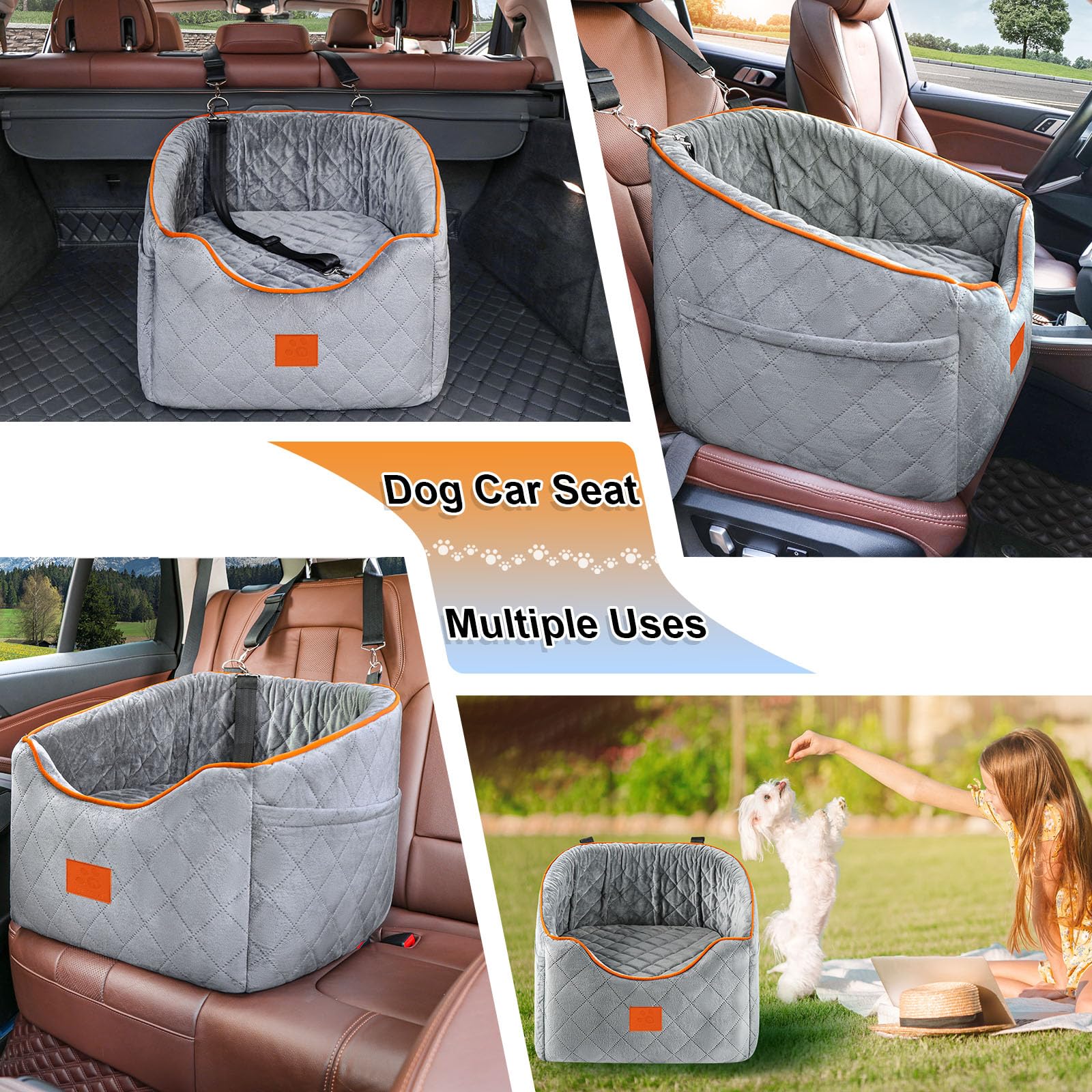 Premium Memory Foam Dog Car Seat for Small Dogs up to 35 lbs - Washable Removable Cover with Storage Pockets - Comfortable Elevated Pet Booster Seat for Safe Travel (Gray) - Perfect for Road Trips, Vet Visits & Daily Commutes