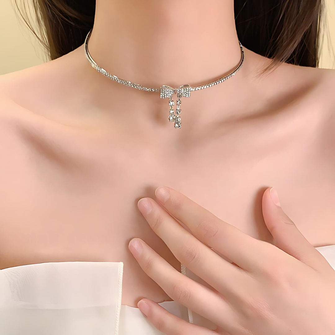 Elegant Feminine Ribbon Bowknot Tassel Choker Necklace for Women | HN2968 | Perfect for Parties, Weddings, and Special Occasions