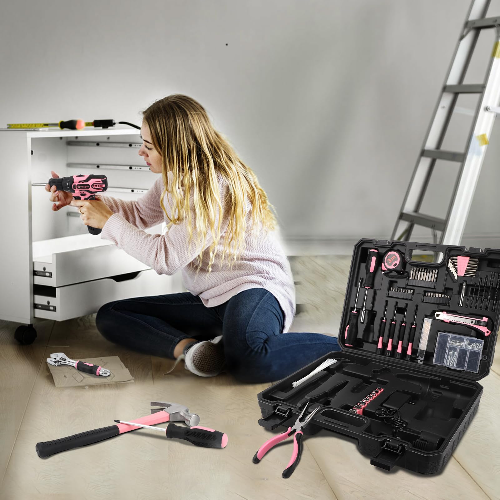 YOUGFIN 12V Pink Cordless Drill Set for Women - 195-Piece Home & Office Repair Tool Kit with Pink Tool Box - Perfect for DIY Projects, Furniture Assembly, and Household Improvements