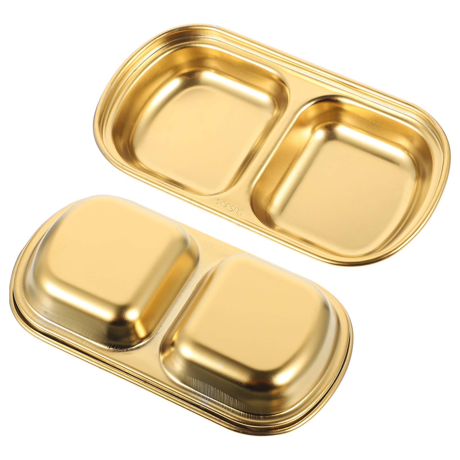 2Pcs Stainless Steel Sauce Dishes - Seasoning Bowls for Sushi, Appetizers & Snacks | Dual Compartment Dipping Saucers | Perfect for Asian Cuisine, Party Platters & Home Dining