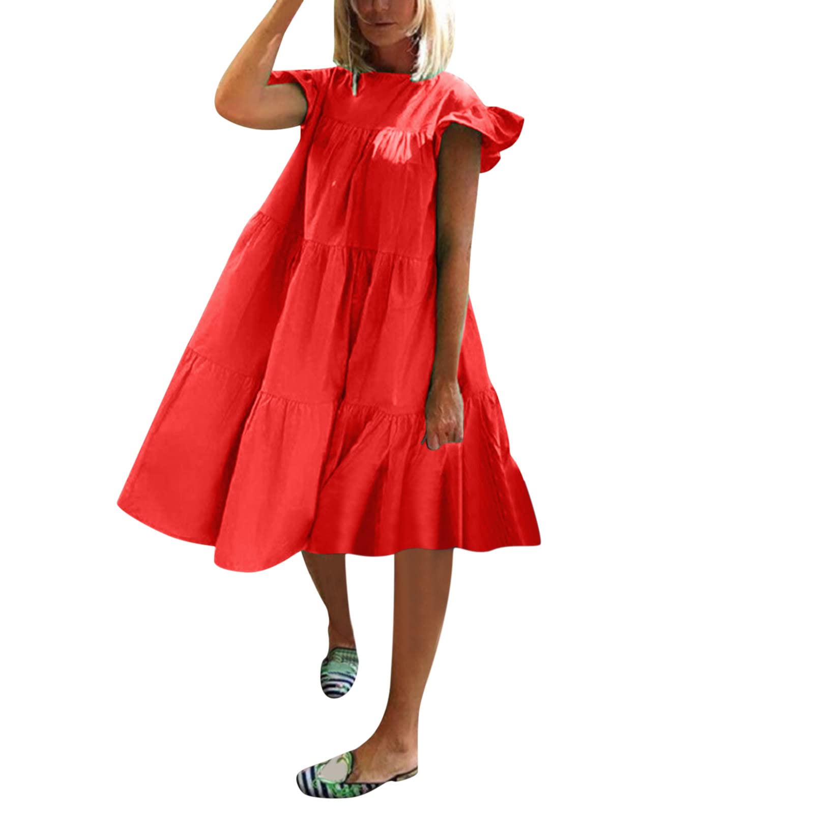 Women's Summer Casual Dress - Short Sleeve Elegant Round Neck Solid Color Midi Dress | Perfect for Beach Vacations, Date Nights & Summer Parties