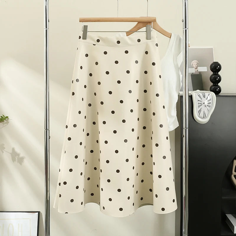 Elegant French Chic Women's Long Skirts - Dot Print A-Line High Waist Leather Skirt | Stylish Streetwear & Autumn Fashion | Perfect for Office, Dating & Casual Outfits