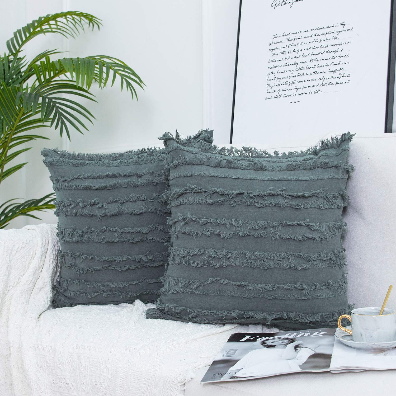JUSPURBET Farmhouse Style 18x18 Inch Striped Cotton Linen Pillow Covers with Tassels - Soft Decorative Throw Pillow Cases for Couch, Bed, Sofa - Gray Home Decor for Living Room, Bedroom & Porch