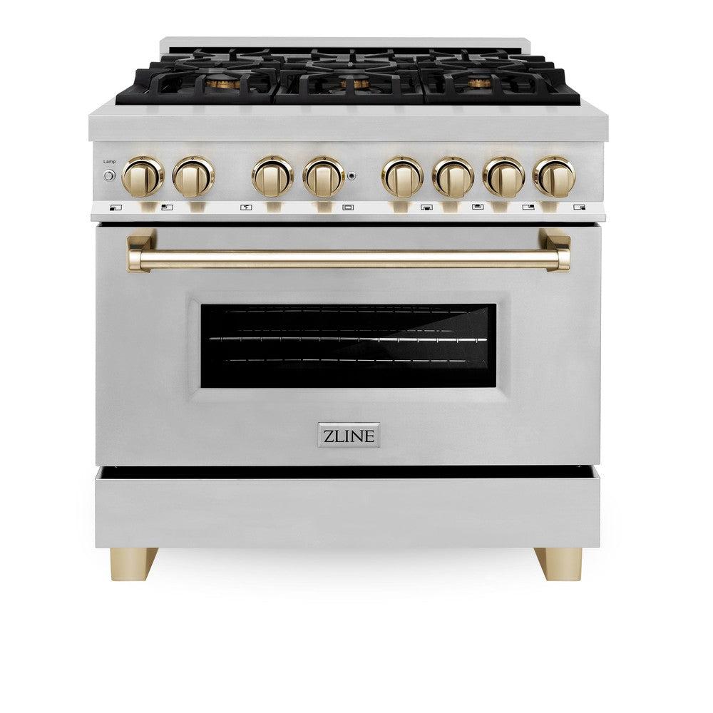 ZLINE Autograph Edition 36-inch Dual Fuel Range with 6 Burner Gas Cooktop & Convection Oven - 4.6 cu.ft Stainless Steel with Gold Accents (RAZ 36 G) - Perfect for Professional Kitchens & Luxury Home Cooking