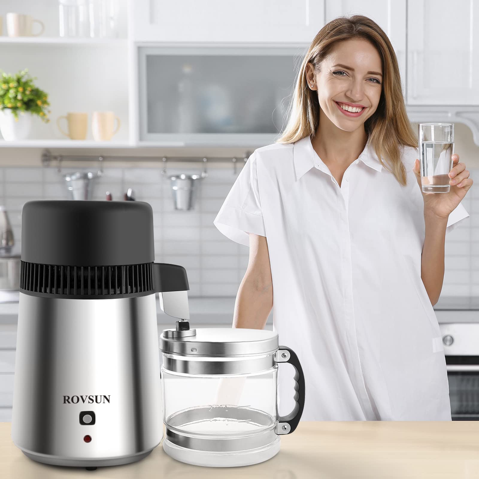 ROVSUN Upgraded 1.1 Gallon/4L Stainless Steel Water Distiller for Home - 750W Countertop Distilled Water Maker Machine with Glass Container (1L/H Output) - Perfect for Drinking, Baby Formula, Humidifiers & Medical Use