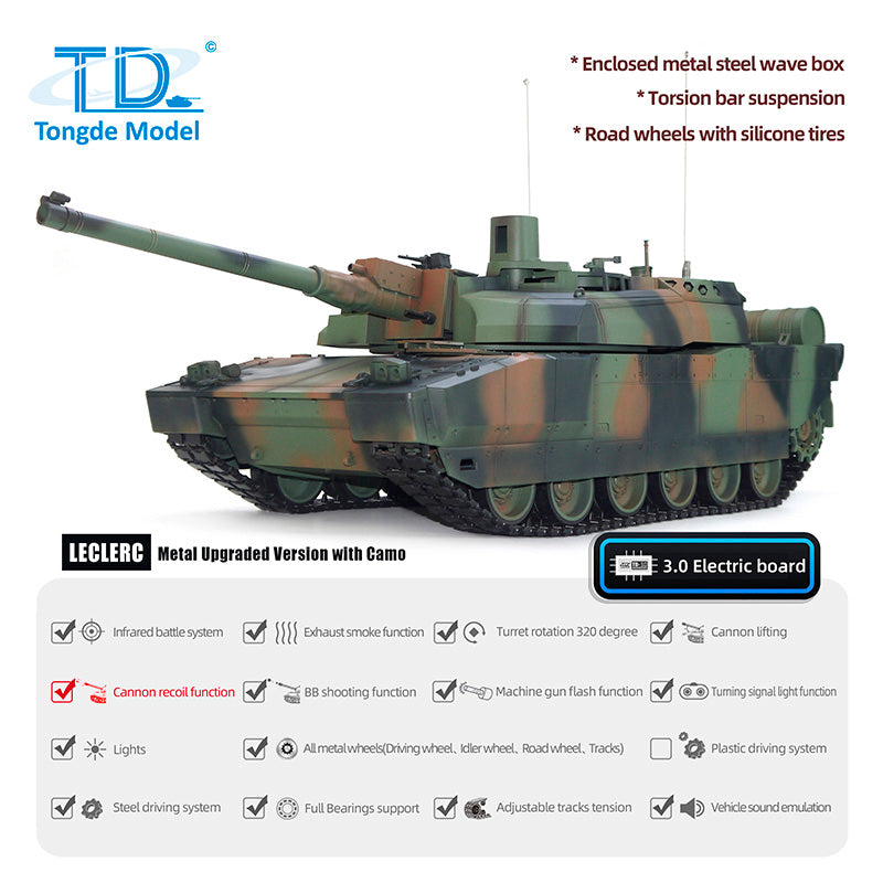 1/16 Scale RC Military Tank Model - H2408 Leclerc Battle Tank with Metal Wheels, Gearbox, Infrared BB Barrel, Recoil & Smoke Effects | Remote Control Toy for Collectors & Battle Simulation Enthusiasts | Perfect for Outdoor Play, War Games & Display