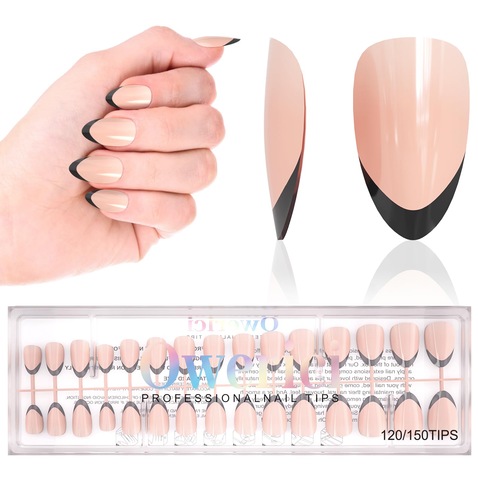 French Tip Press On Nails Almond Shape - Short Reusable Fake Nails Kit for Women (30 Pcs, Black French 120) - 15 Sizes, Natural Look, Easy Glue On - Perfect for Parties, Weddings & Everyday Wear