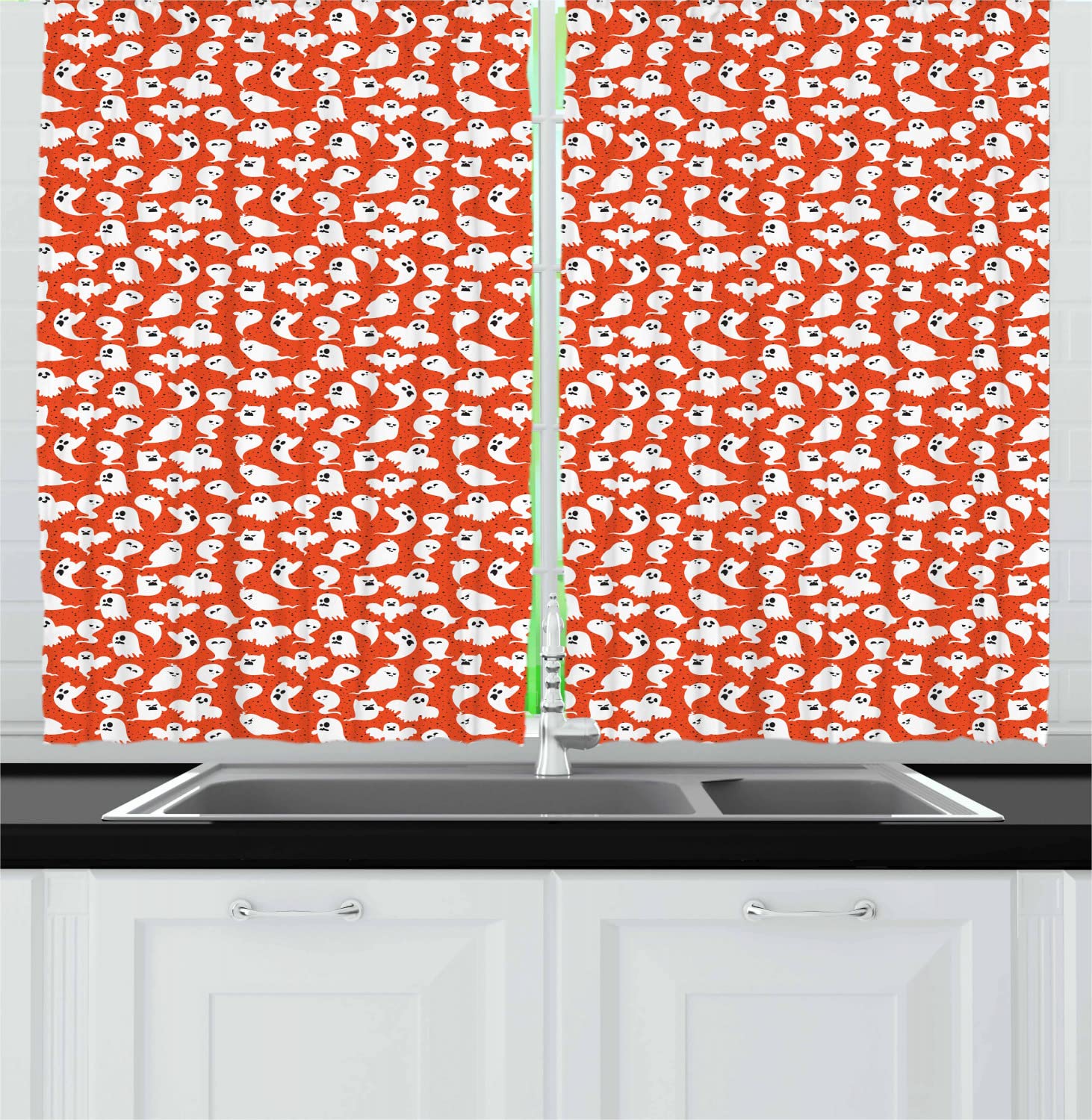 Ambesonne Ghost Print Kitchen Curtains - Funny Ghost Characters with Expressions on Dotted Background, 2 Panel Rod Pocket Drapes, 55x45 Inches, Dark Orange White & Black - Perfect for Halloween Decor, Spooky Kitchen, or Gothic Home Decor