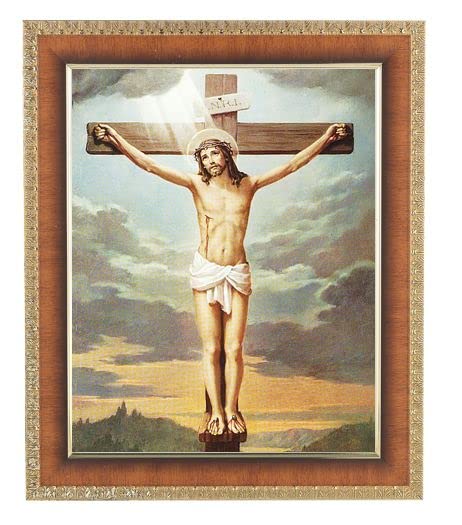 Handcrafted Crucifixion Wall Art - Large Framed Religious Decor in Lacquered Mahogany with Gold-Leaf Egg & Dart Edge | Perfect for Church, Home Chapel & Christian Gift