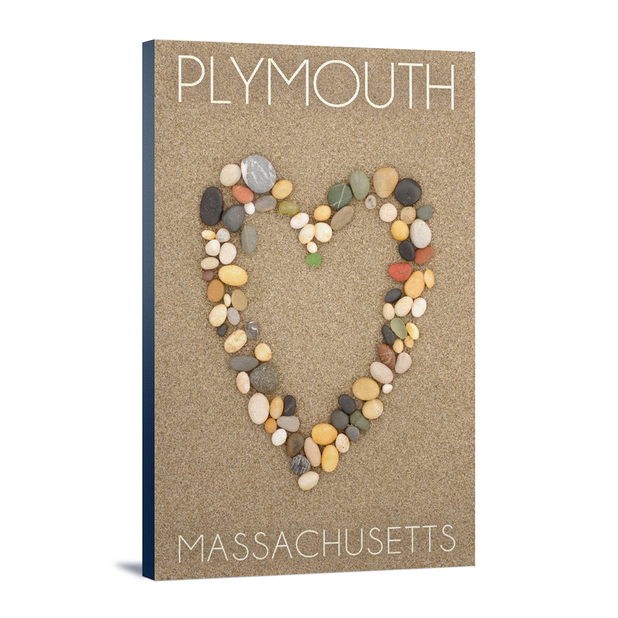 Plymouth Massachusetts Stone Heart on Sand - 16x24 Wrapped Canvas Wall Art, Coastal Home Decor, Beach House Painting for Living Room & Bedroom