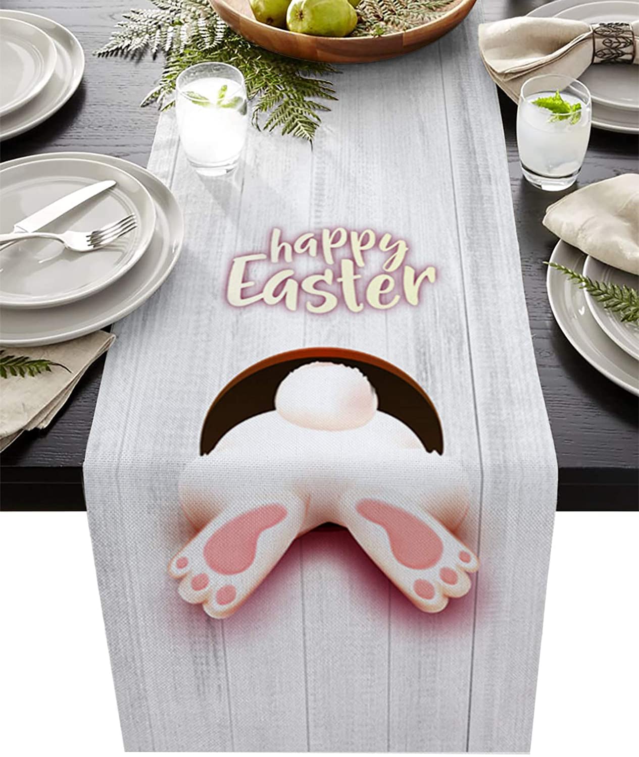 Easter Cotton Linen Table Runner - 13x70 Inch Rustic Farmhouse Table Decor with Bunny Tail Design for Dining Table, Kitchen, Holiday Parties & Easter Dinner Decoration - Perfect for Spring Celebrations and Home Decor