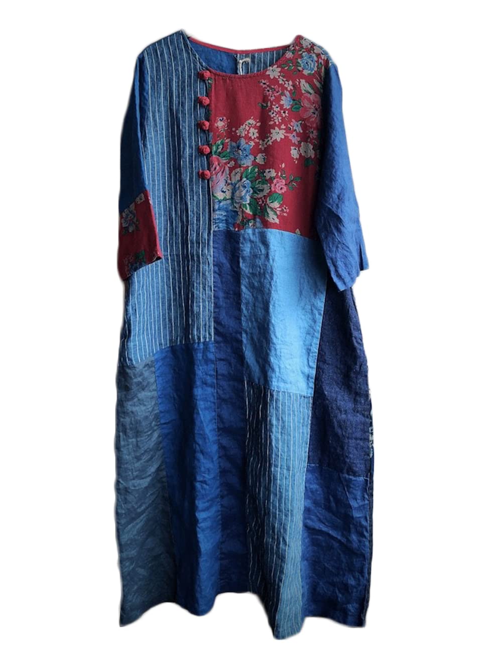 NFYM Women's Casual Loose Bohemian Floral Patchwork Maxi Dress - Cotton Linen Blend Long Sleeve Dress with Pockets | Perfect for Beach Vacation, Summer Outings & Boho Chic Fashion