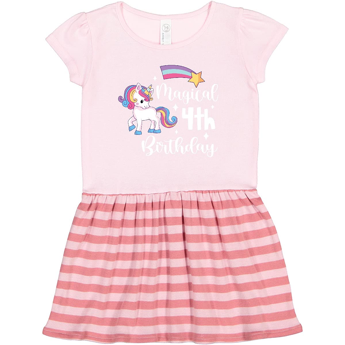 Inktastic Magical 4th Birthday Rainbow Unicorn with Star Toddler Dress - Cute Girls' Outfit for Birthday Party, Photo Shoot & Special Occasions