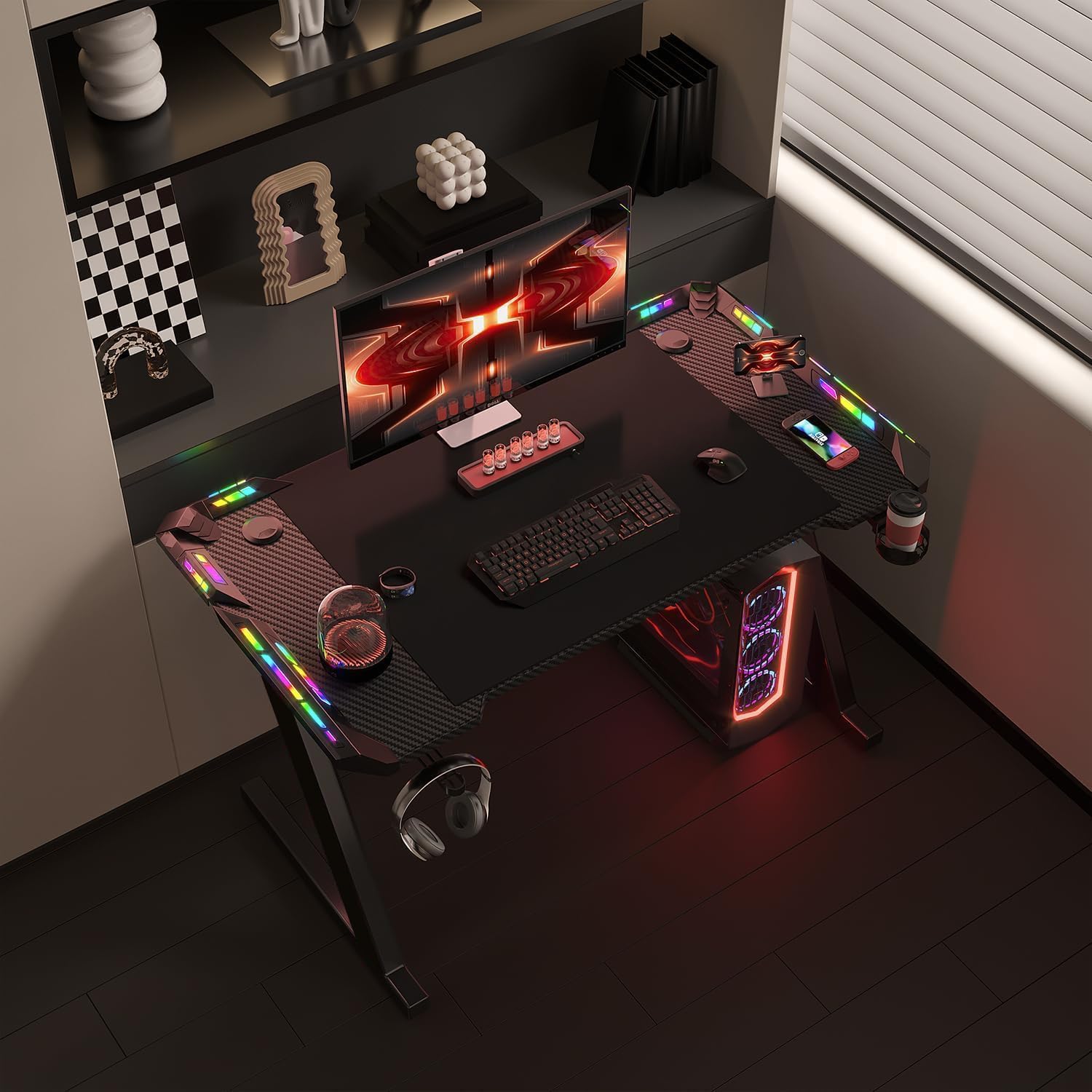 Homall 120 x 60cm RGB LED Gaming Desk - Z-Shaped Computer Desk with Headphone Hook & Cup Holder, Ergonomic Gaming Table for PC, PS5, Xbox | Perfect for Home Office, Streaming & Esports Tournaments