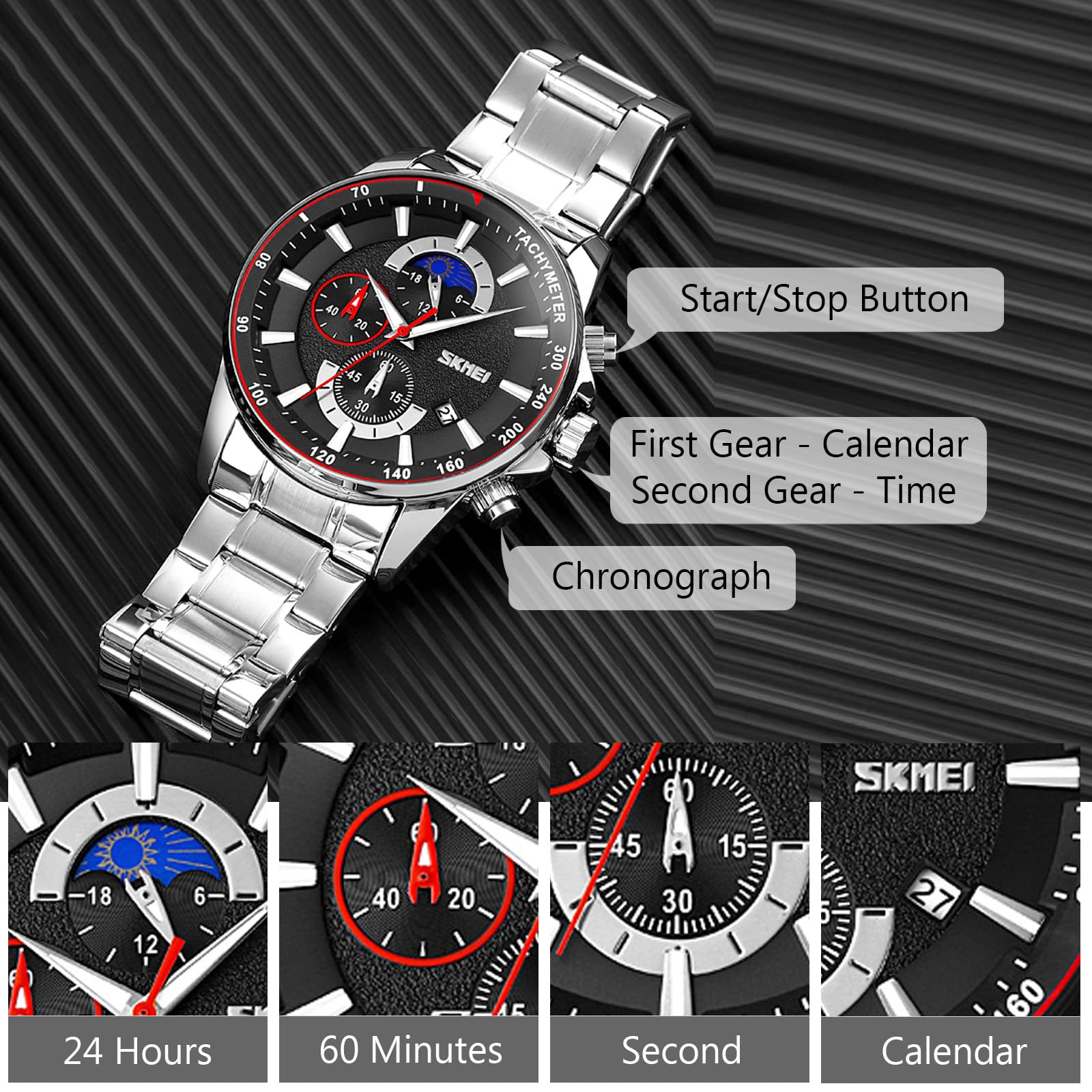 Waterproof Analog Quartz Watch for Men - Stainless Steel Bracelet, Fashion Chronograph - Perfect for Business, Casual & Outdoor Activities
