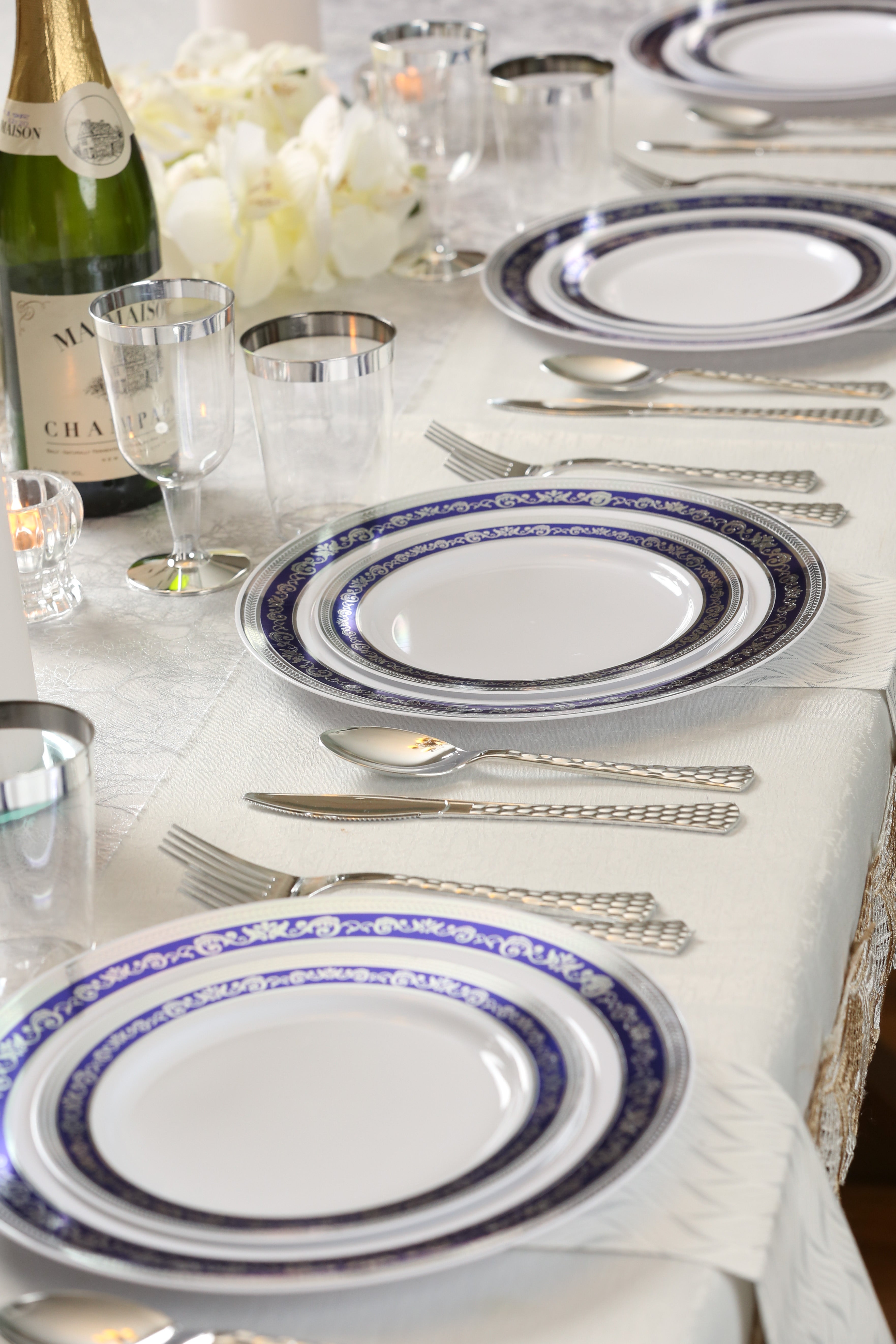 100-Piece Blue & Silver Round Plastic Dinnerware Set with Silverware - Service for 20 Guests - Royal Collection - Perfect for Parties, Weddings & Outdoor Events
