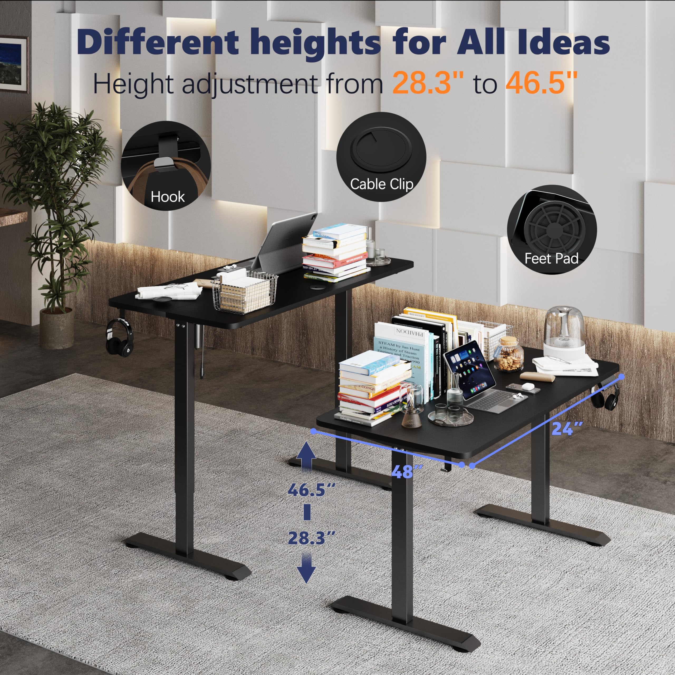 Monomi Electric Height Adjustable Standing Desk 48x24 Inches - Ergonomic Sit Stand Desk for Home Office with Black Steel Frame & Desktop - Perfect for Remote Work, Gaming & Study Setup