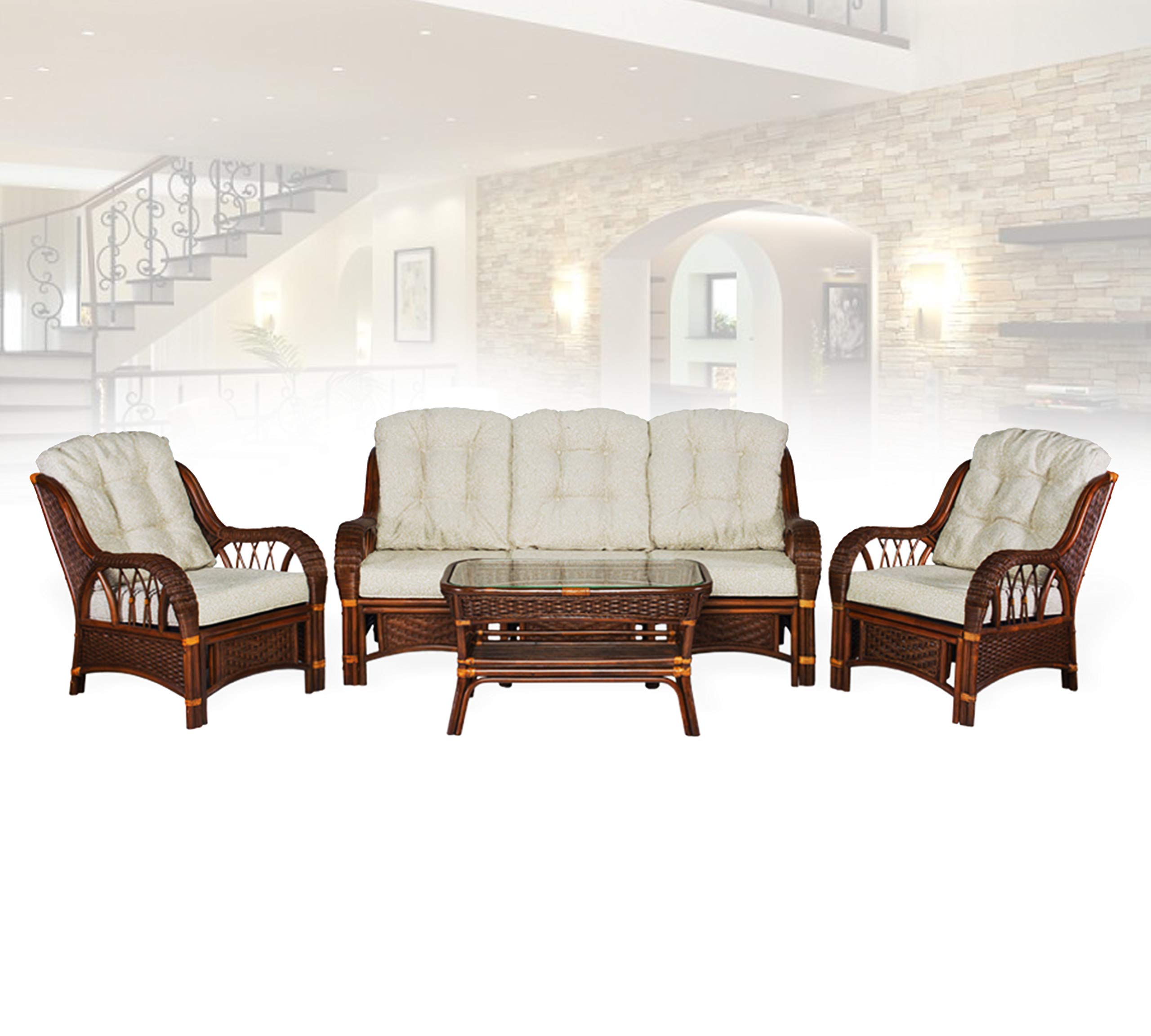 Handmade Dark Walnut Rattan Wicker Living Room Set 4-Piece - 2 Lounge Chairs, Three-Seater Sofa & Coffee Table with Cushions | Cozy Indoor/Outdoor Patio Furniture for Home Decor