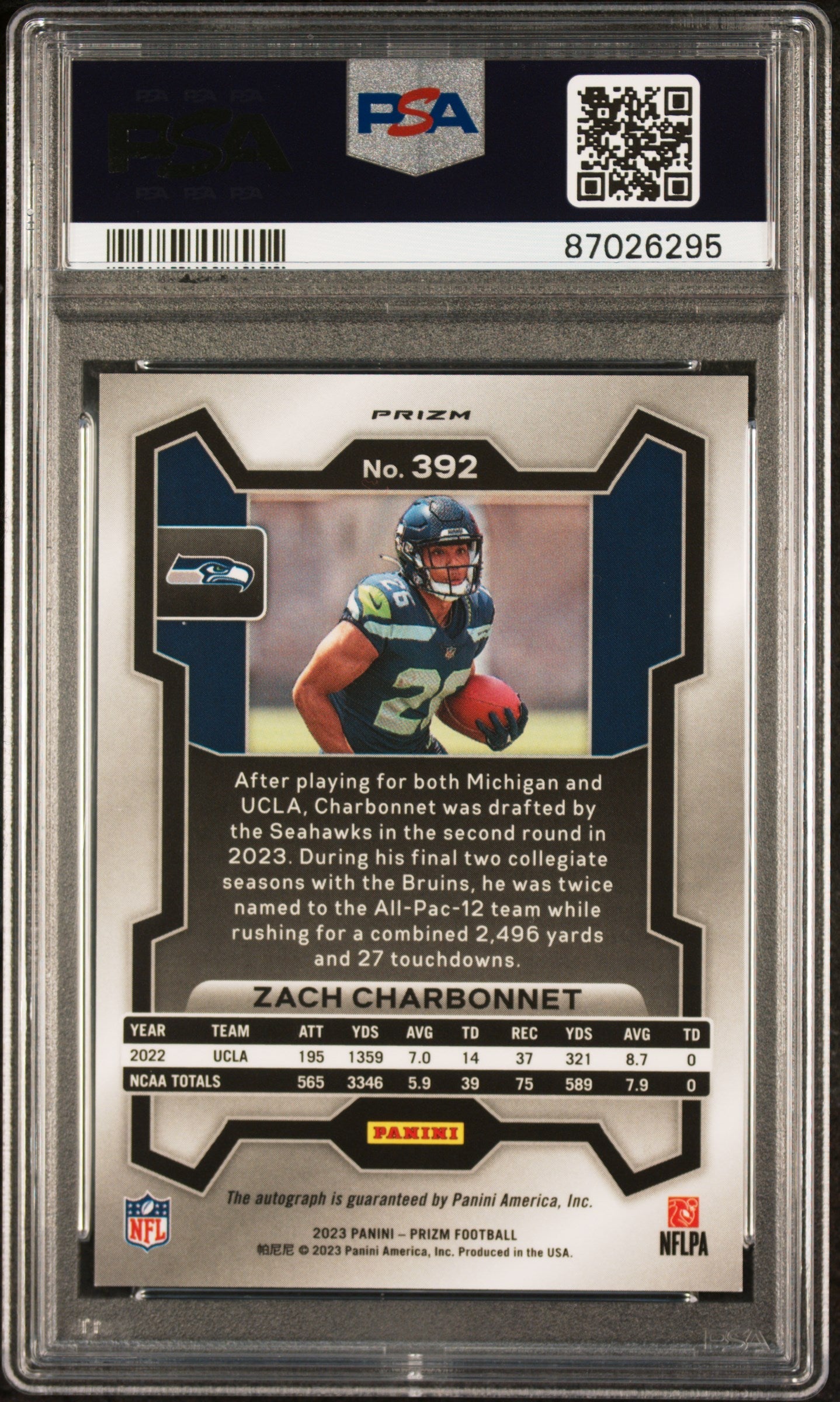 2023 Panini Prizm Zach Charbonnet Rookie Autograph PSA 9 Graded Football Card #392 - Perfect for Collectors, Sports Memorabilia & Investment