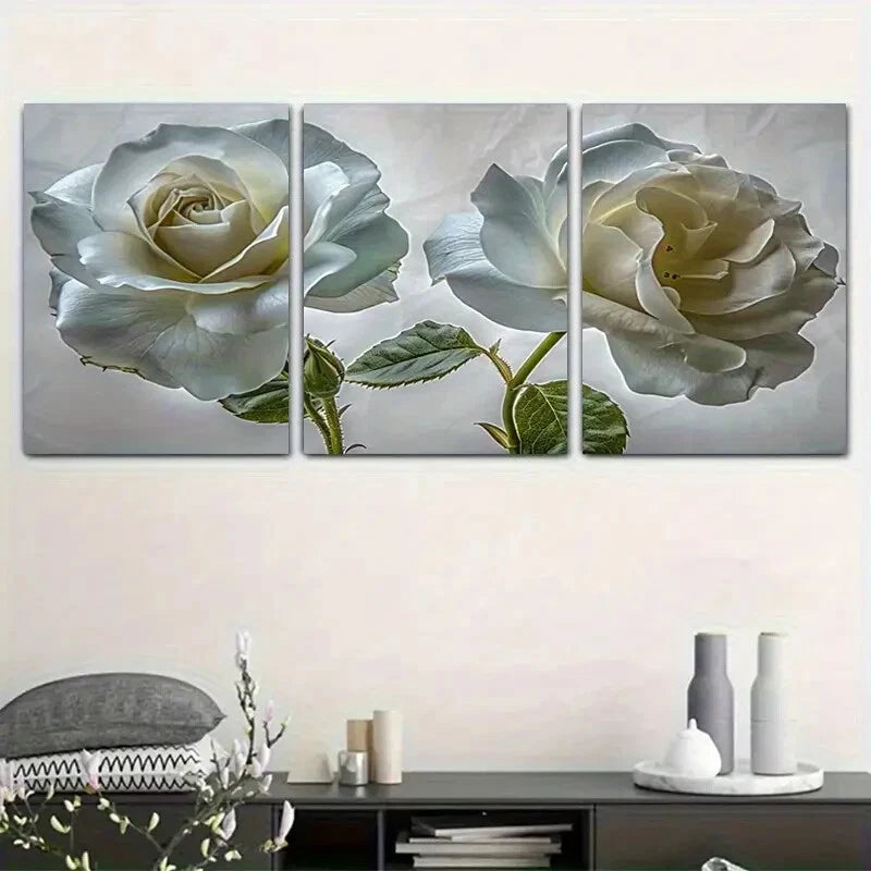 3-Piece Elegant White Rose Canvas Metal Print Wall Art - Ready to Hang Home Decor for Living Room, Bedroom & Office