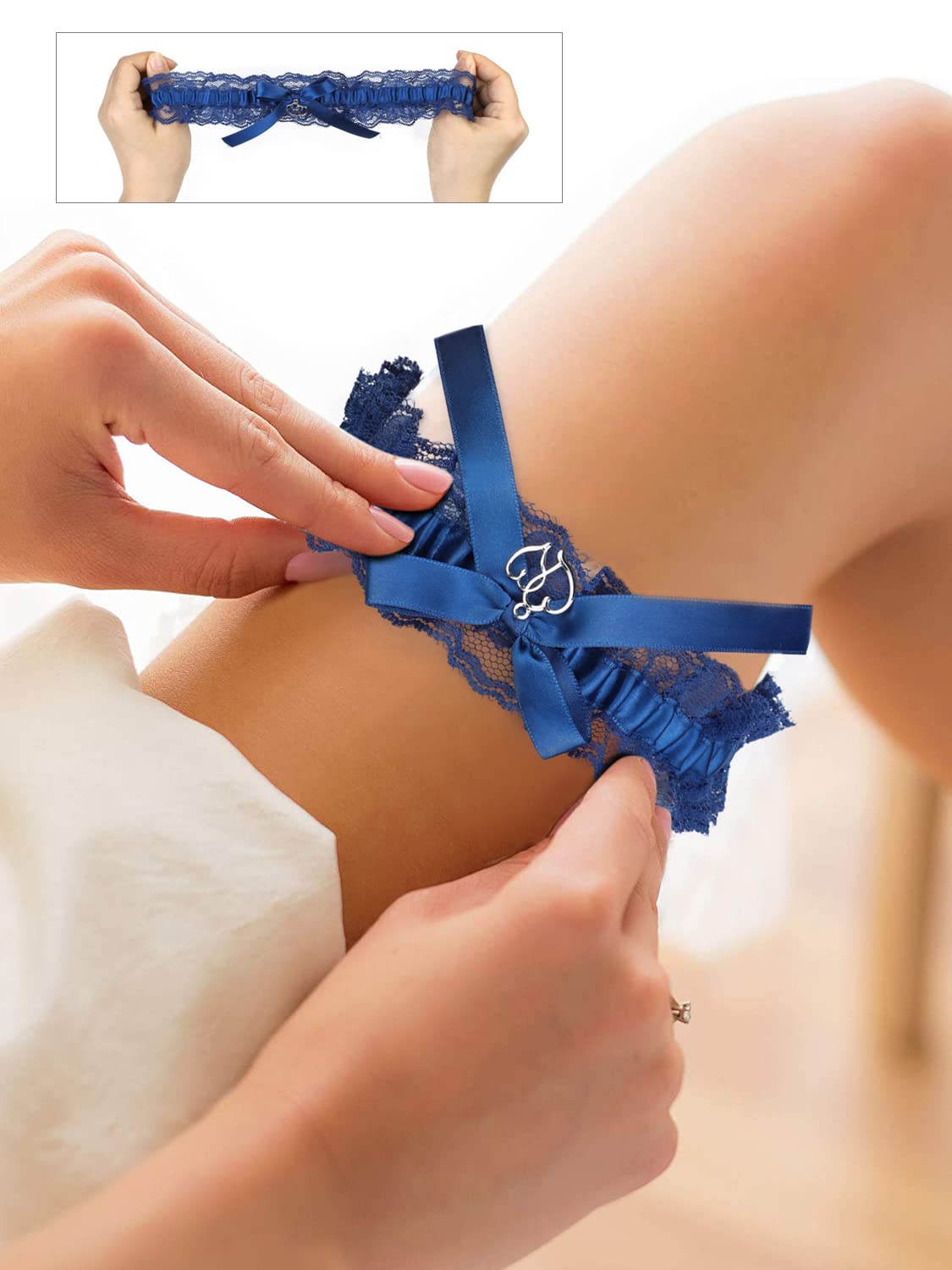 MWOOT Blue Bridal Garter Set - Elegant Lace Wedding Garter Belt for Bride to Be, Stretchable Elastic Bridal Accessory, Perfect Wedding Day Gift & Hen Party Favor - Ideal for Bouquet Toss, Something Blue Tradition and Bridal Shower Games