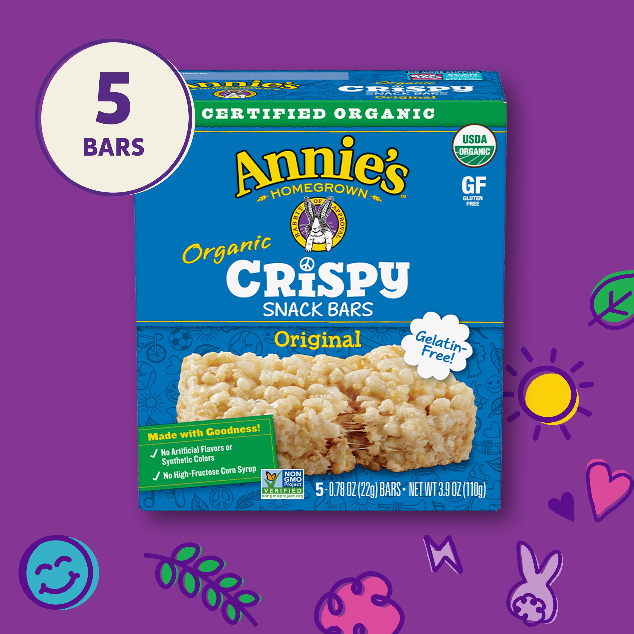 Annie's Organic Original Crispy Snack Bars - Gluten Free, Non-GMO, 3.9 oz (5 Count) - Healthy Kids Snacks for Lunch Box, School, Travel & On-The-Go