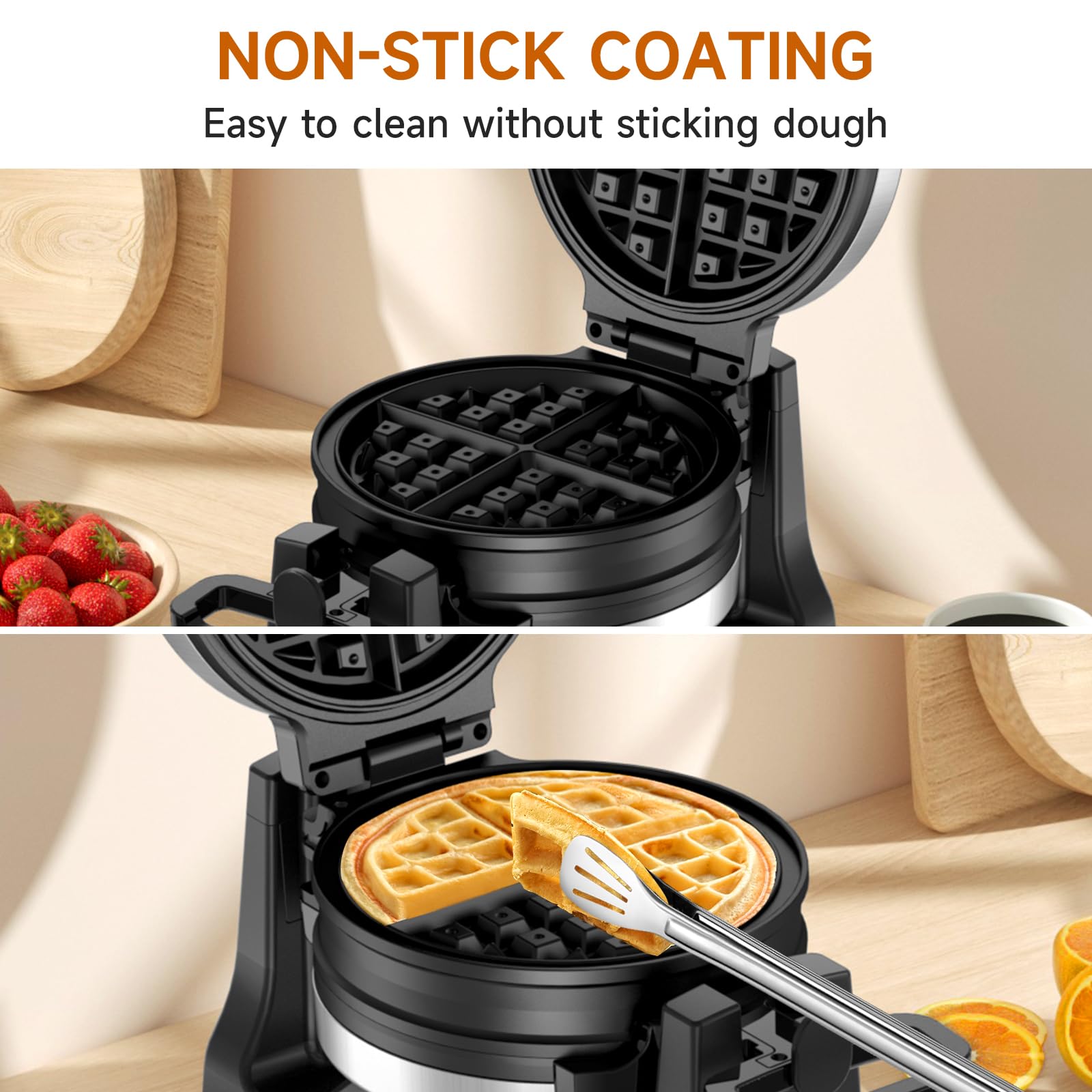 Double Belgian Waffle Maker 180° Flip - 1400W Stainless Steel Waffle Iron with Nonstick Plates & Removable Drip Tray - Makes 8 Slices - Perfect for Breakfast, Brunch, and Family Gatherings