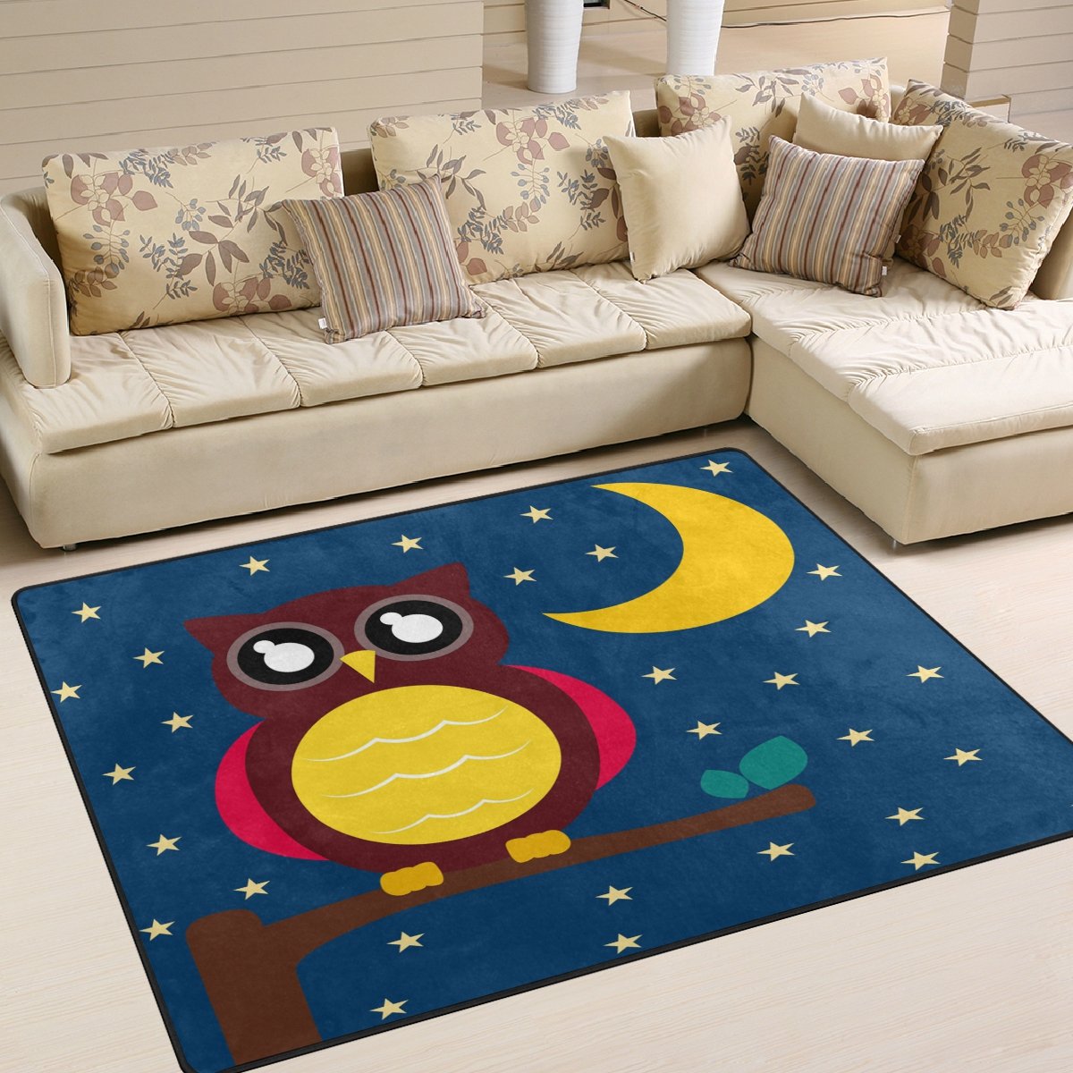 ALAZA Cartoon Owl Moon Star Night Sky Area Rug - Soft Non-Slip 5'3