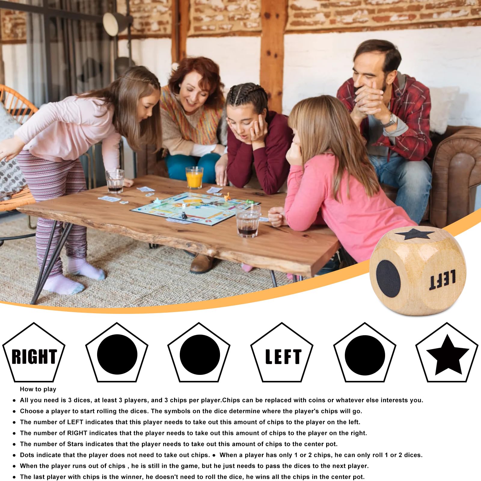6Pcs Left Right Center Dice Game Set - 1.2 Inch Wooden LCR Dice with Carry Bag for Family Game Night, Camping, Travel & Parties (Indoor/Outdoor Use)