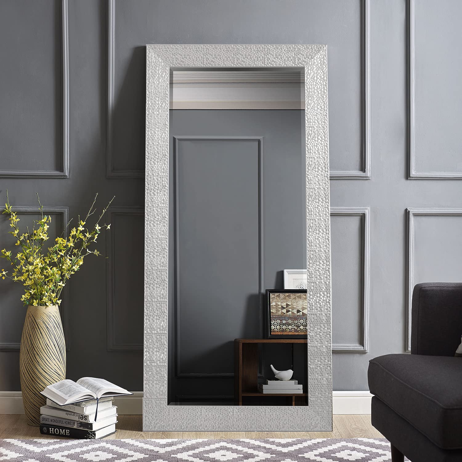 Brushed Nickel Full Length Mirror - Large Rectangle Wall Mounted or Freestanding Dressing Mirror for Bedroom, Bathroom & Entryway | Elegant Silver Mosaic Design for Home Decor & Vanity Use