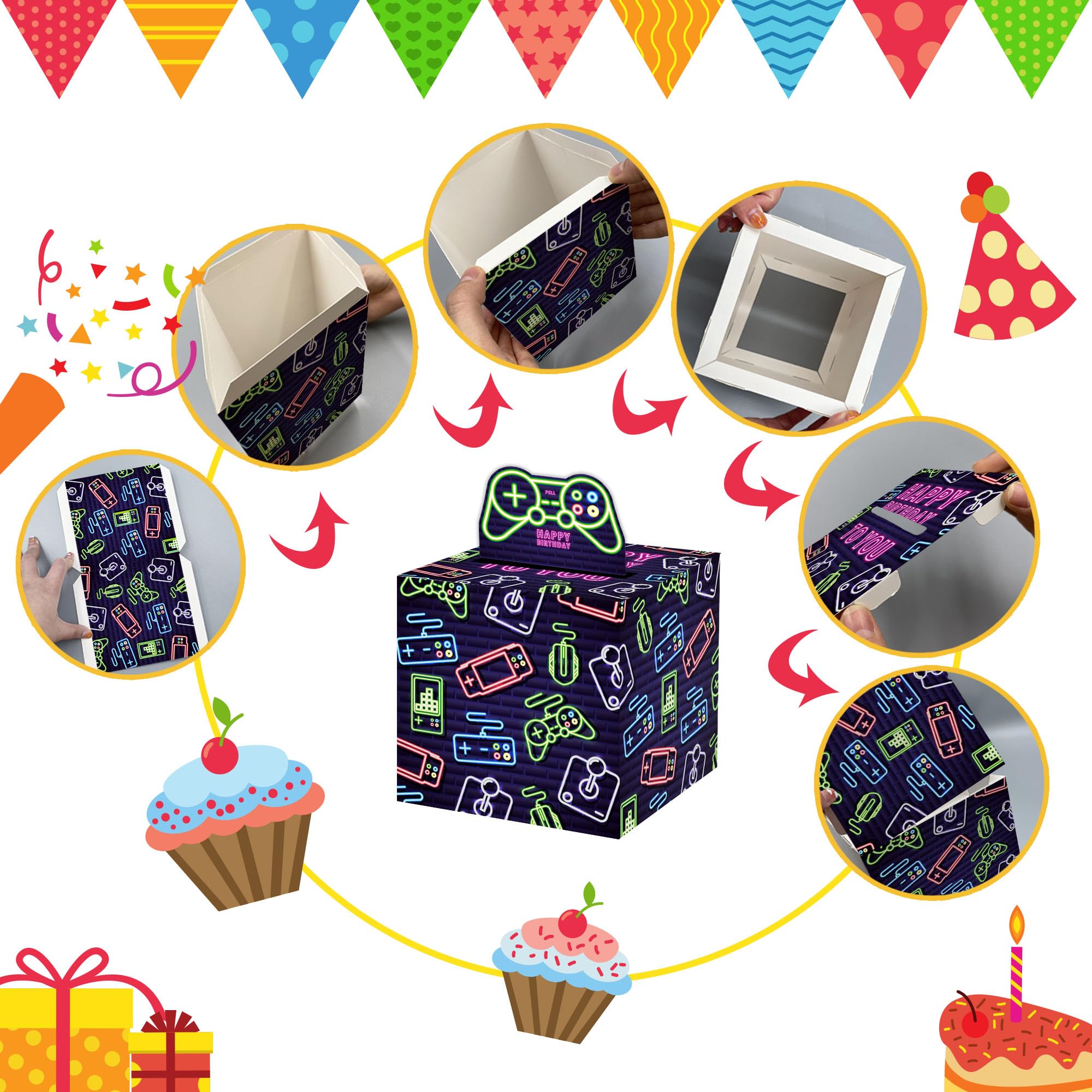 Neon Surprise Money Box Gift Pull - Fun Birthday Cash Gift Set with Card & 35 Transparent Bags for Kids, Boys & Girls | Perfect for Birthday Parties, Game Nights & Surprise Gift Exchanges