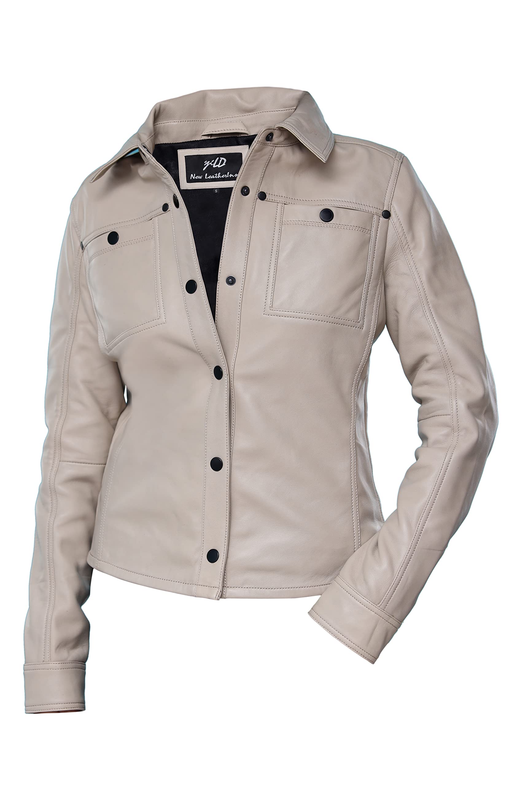 Jild Women's Button Front Lambskin Leather Jacket Shacket - Long Sleeve Casual Shirt Jacket with Bust Pocket | Stylish Outerwear for Fall & Winter | Perfect for Office, Dating & Weekend Outings