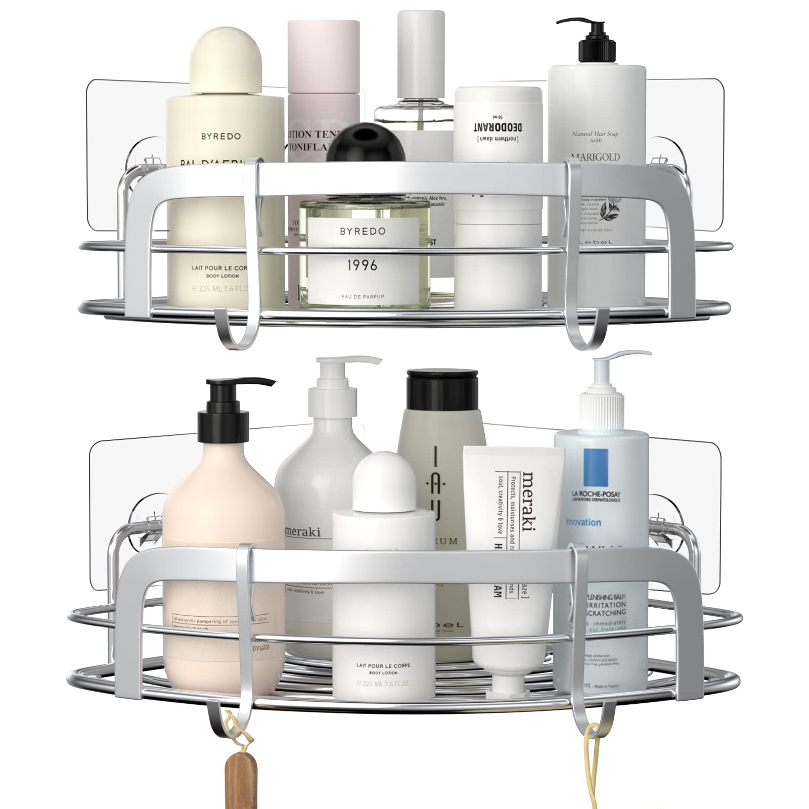 STEUGO 2 Pack Corner Shower Caddy - No Drill Adhesive Wall Mounted Bathroom Shelf with 4 Adjustable Hooks - Rustproof Stainless Steel Storage Organizer for Shampoo, Soap & Bath Accessories - Perfect for Small Showers, Apartments & Dorm Rooms