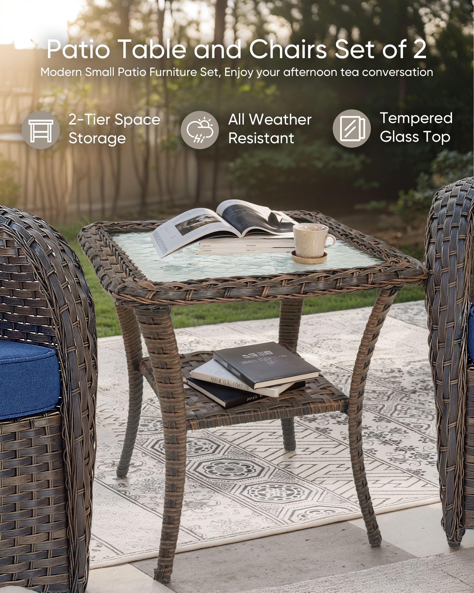 HUMMUH 3-Piece All-Weather PE Wicker Outdoor Rocking Chair Set with Side Table & Cushions - Patio, Porch, Balcony Furniture for Relaxing & Entertaining