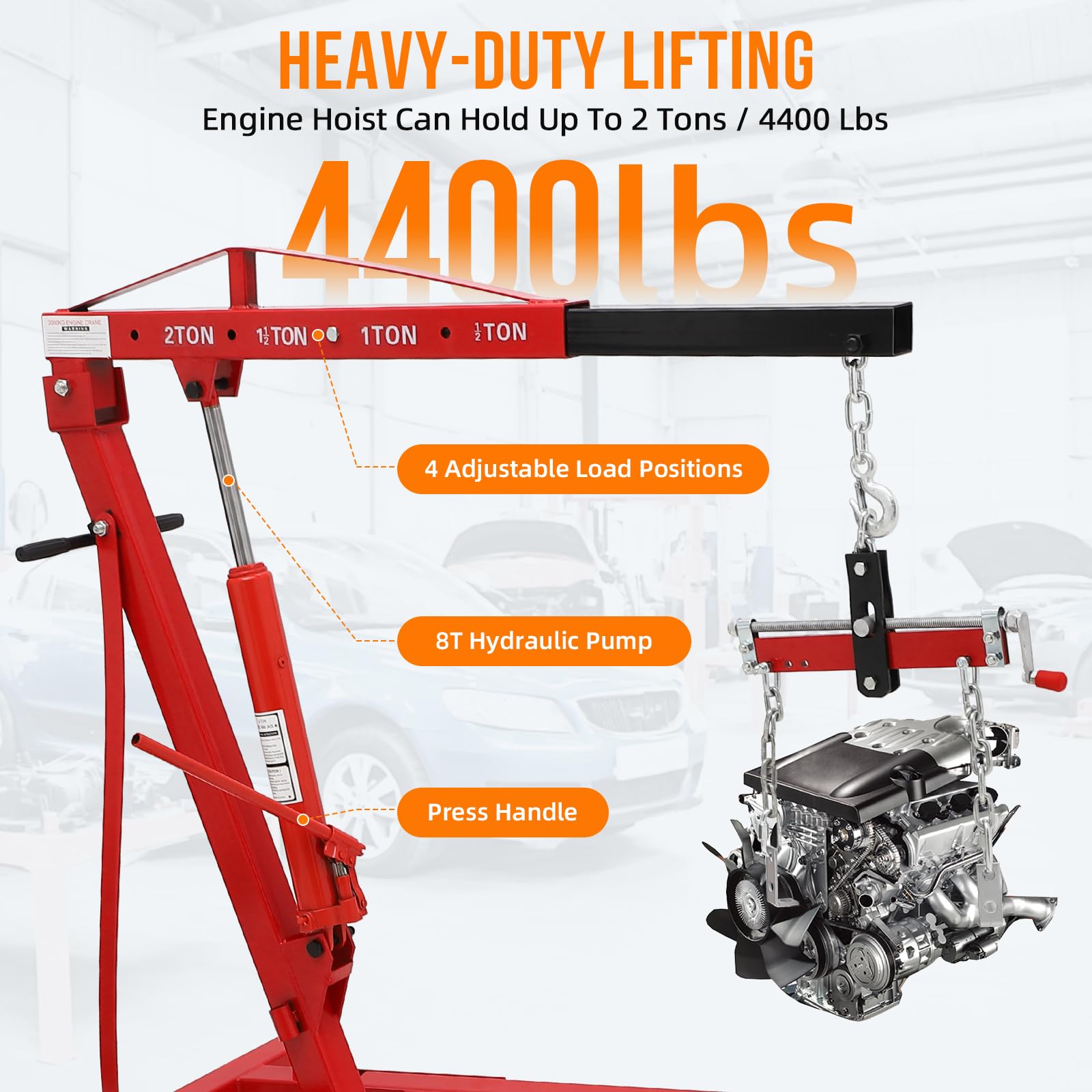 GARVEE 2 Ton Folding Hydraulic Engine Hoist with Lever - Heavy Duty Shop Crane Lift, 6-Wheel Cherry Picker for Garage & Workshop (Red) - Perfect for Auto Repair, Engine Removal, and Industrial Maintenance