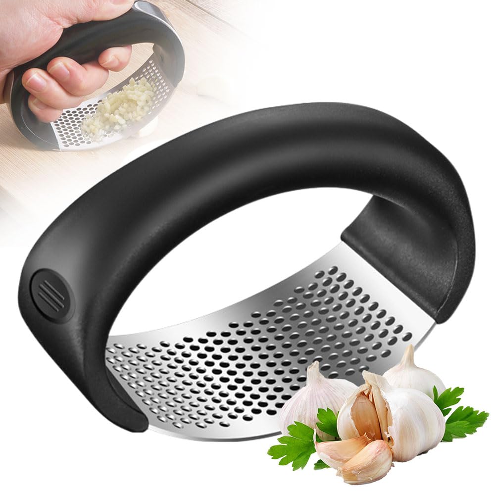 Premium Stainless Steel Garlic Press & Crusher - Heavy Duty Rocker Garlic Masher for Kitchen - Multi-Functional Manual Garlic Presser for Cooking, Restaurants & Home Use (Black) - Perfect for Italian Dishes, Stir-Fries & Meal Prep