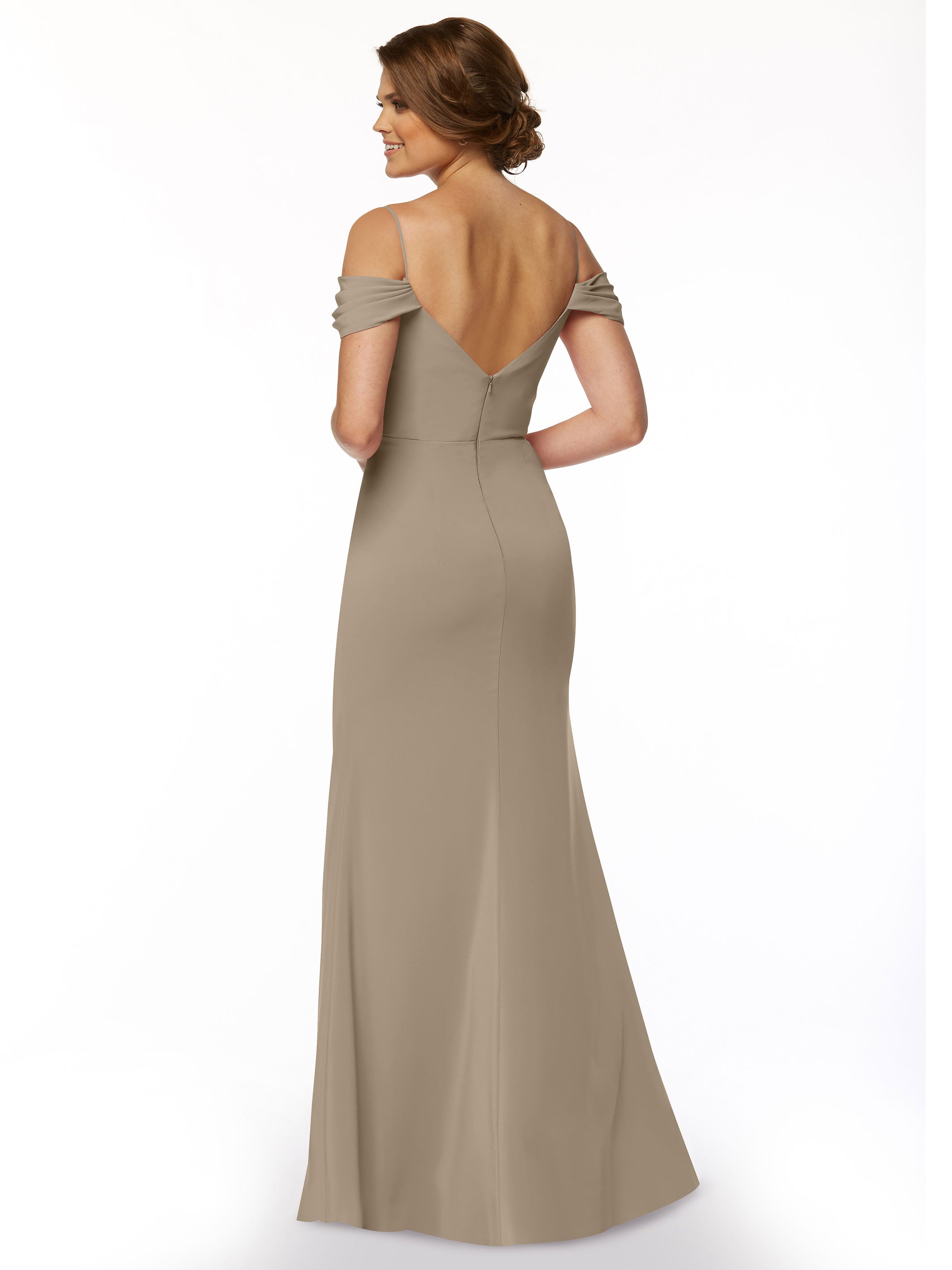 Elegant 83029 Fitted Stretch Chiffon Off-The-Shoulder Bridesmaid Dress with High Slit - Perfect for Weddings, Prom & Formal Events