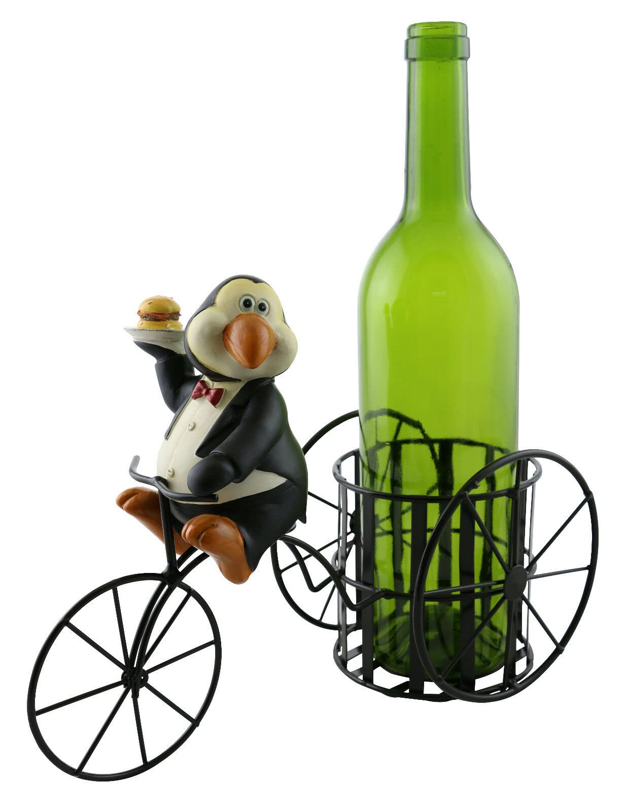 Penguin Waiter Riding Bike Wine Bottle Holder - Fun Novelty Wine Bottle Stand for Home Bar, Kitchen & Party Decor - Perfect Gift for Wine Lovers