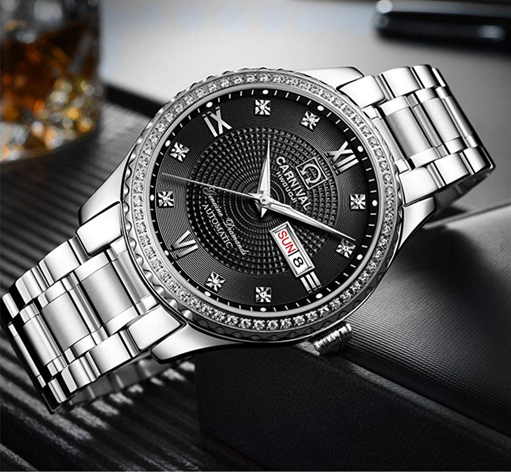 MASTOP Men's Automatic Self-Winding Business Watch - Stainless Steel Waterproof Luminous Bezel with Crystal Inlays - Perfect for Office, Formal Events & Everyday Wear