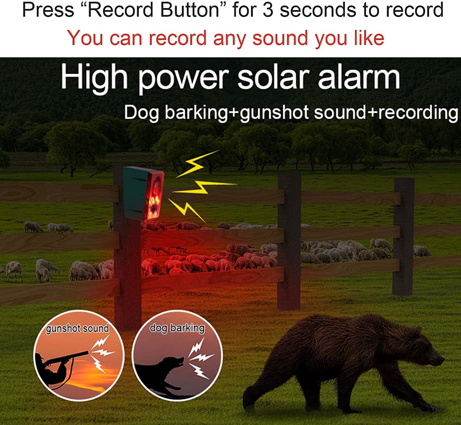 WONFAST Solar Motion Sensor Alarm Light with 130dB Siren - Security Strobe Light with Gunshot & Dog Barking Sounds, 20s Custom Voice Recording - Ideal for Farm, Villa, Barn, Yard & Chicken Coop Protection (1PC)