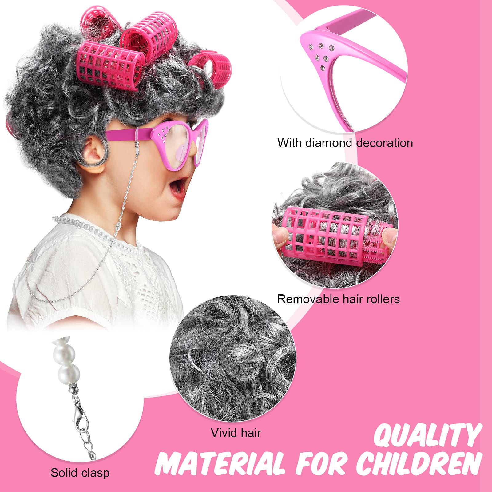 7-Piece Old Lady Costume Set with Gray Wig & Hair Rollers - Halloween Dress Up for Kids & Adults - Perfect for Halloween Parties, Cosplay & Themed Events