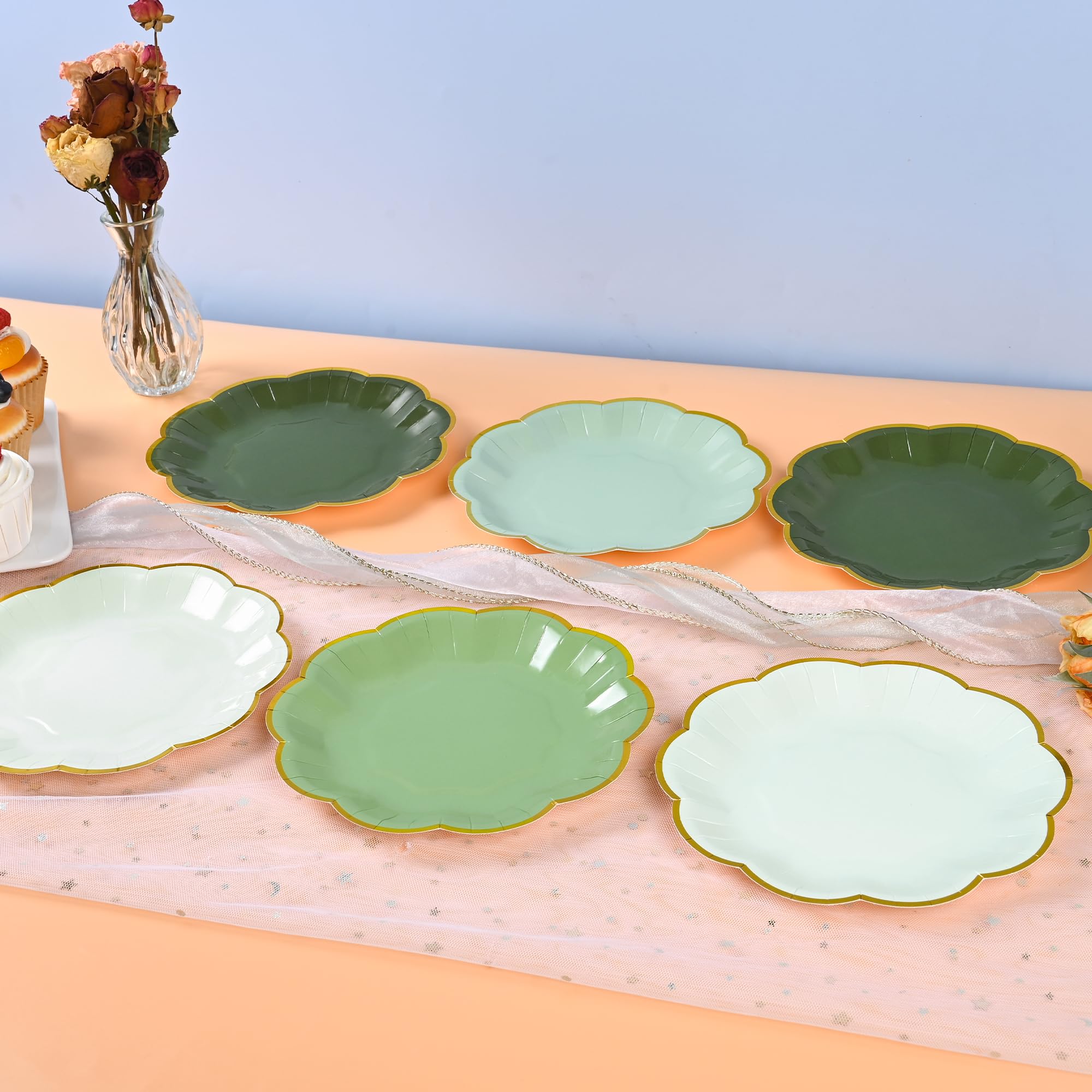 **Elegant Sage Green Disposable Cake Plates - 7 Inch Gold Foil Scalloped Edge Dessert Plates for Birthday, Bridal, Baby Shower & Wedding Party Supplies (24-Pack) - Perfect for Elegant Celebrations & Special Events**
