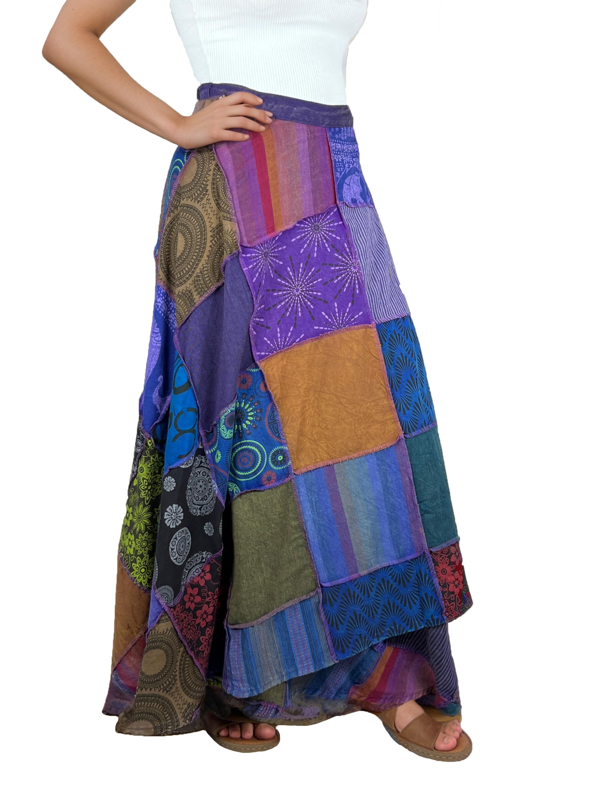**Agan Traders Women's 2025 Spring & Fall Boho Maxi Skirt – High Waisted Long Skirt with Patchwork & Tie-Up Design – Perfect for Beach, Festival, and Casual Wear**