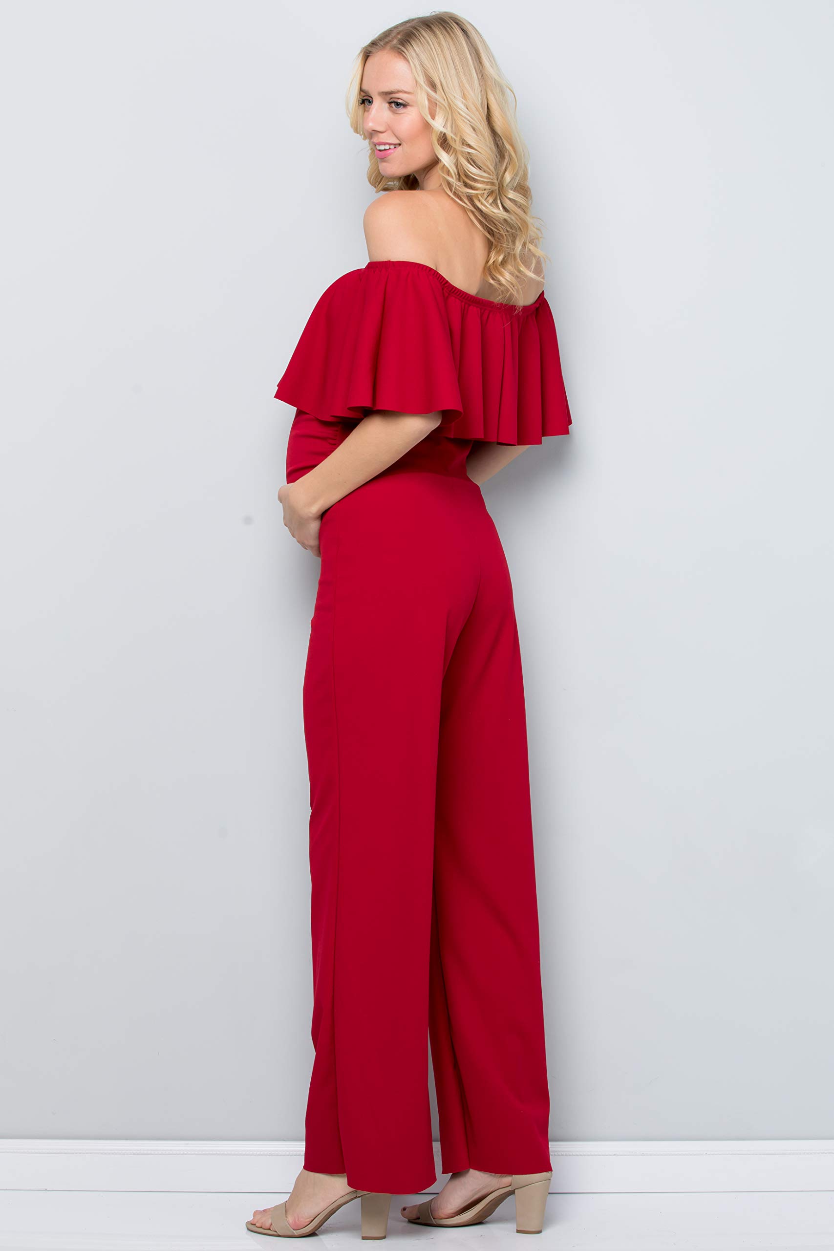 My Bump Maternity Ruffle Off Shoulder Jumpsuit - Made in USA | Comfortable Pregnancy Outfit for Baby Shower, Maternity Photoshoot & Special Occasions
