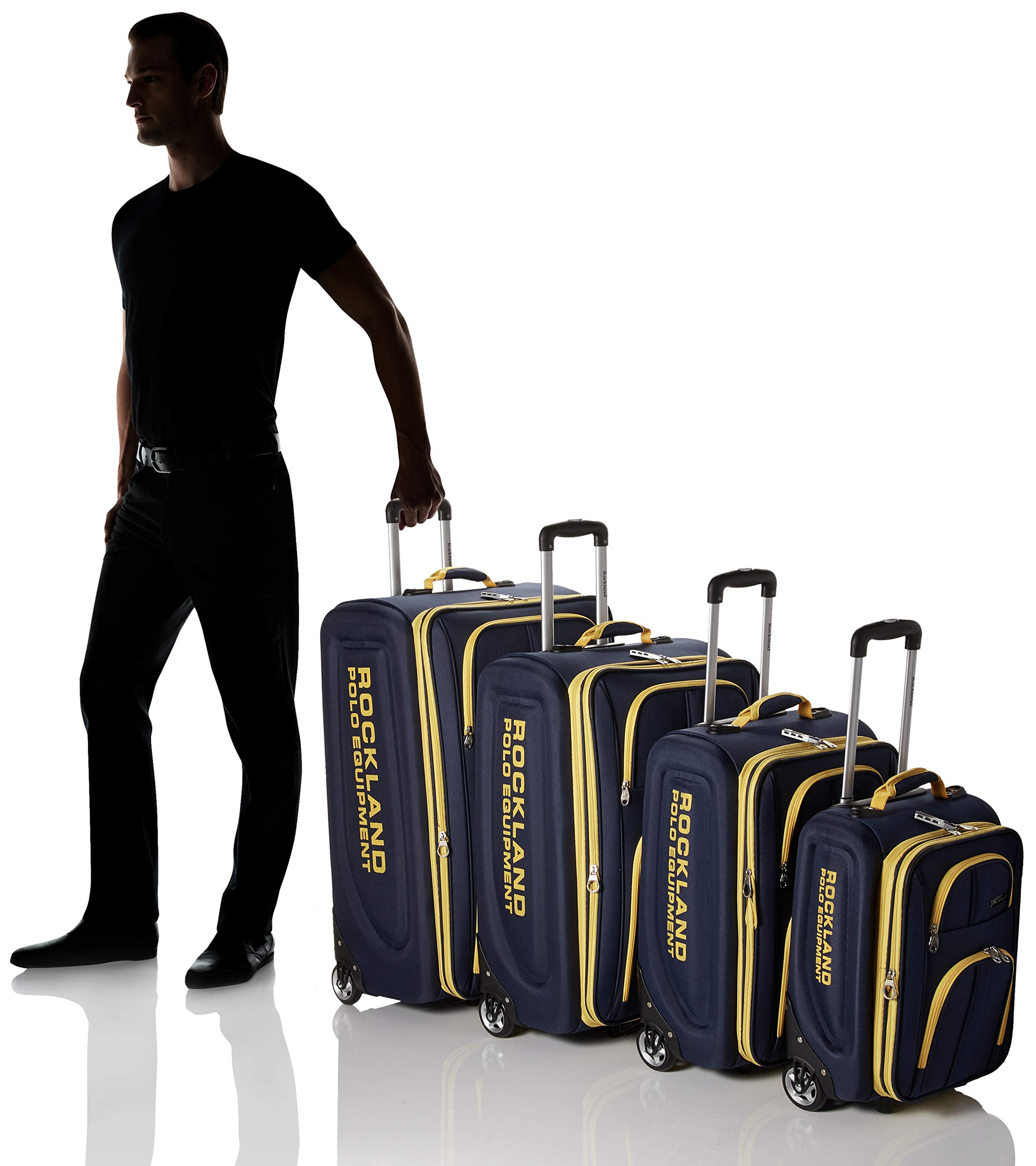 Rockland Polo Equipment Varsity Softside Upright Luggage Set - Navy Blue (18/22/26/30 Inch 4-Piece) | Lightweight Durable Suitcase for Travel, Business Trips & Family Vacations